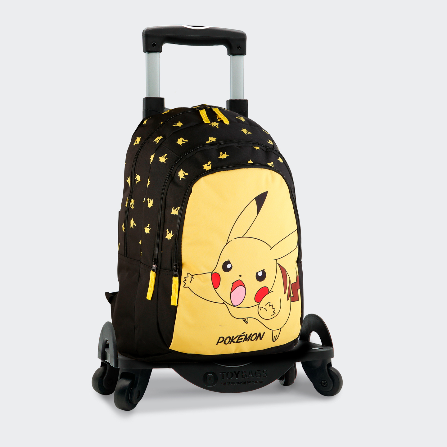 Mochila Escolar Pokémon Pikachu Primária Duplo Compartimento + Carrinho Toybags Com 4 Rodas Giratórias - negro-amarillo - Mochila Escolar