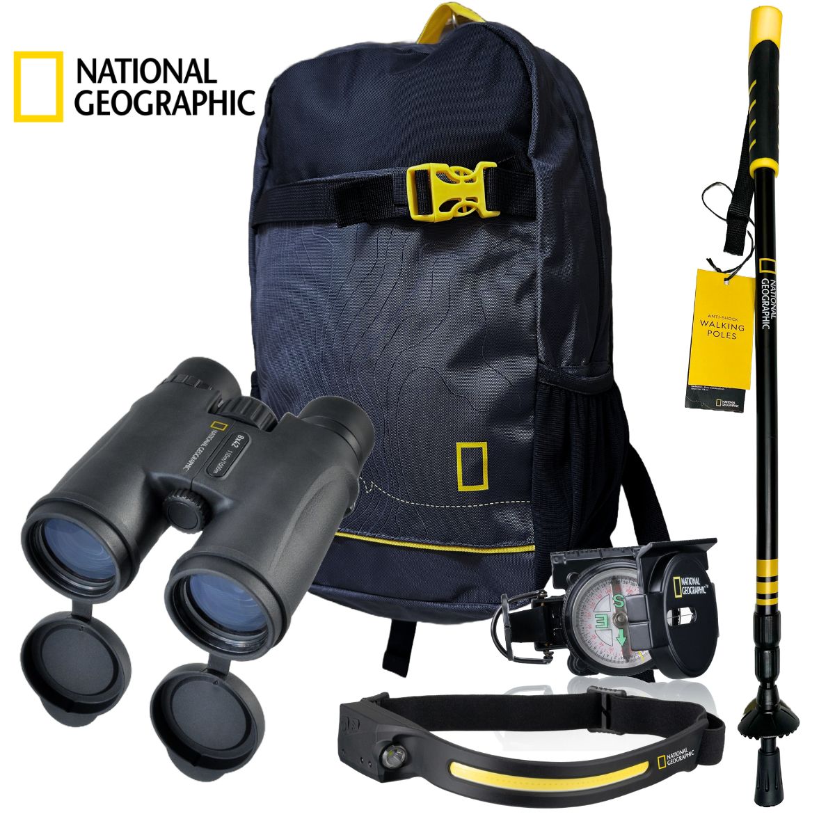 Kit Trekking Prismático 8x42 + Mochila + Linterna + 1 Bastón+ Brújula Nat Geo - negro - Accesorios Para Ir Al Campo