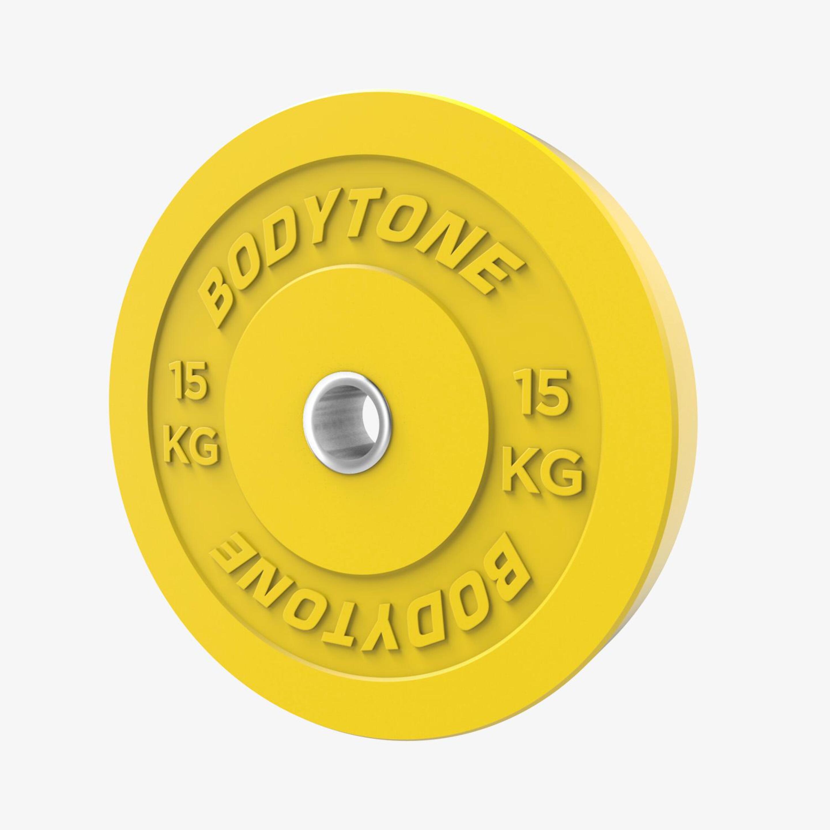 Disco Borracha 15kg Bodytone - Amarelo - 50 mm Diâmetro | Sport Zone MKP