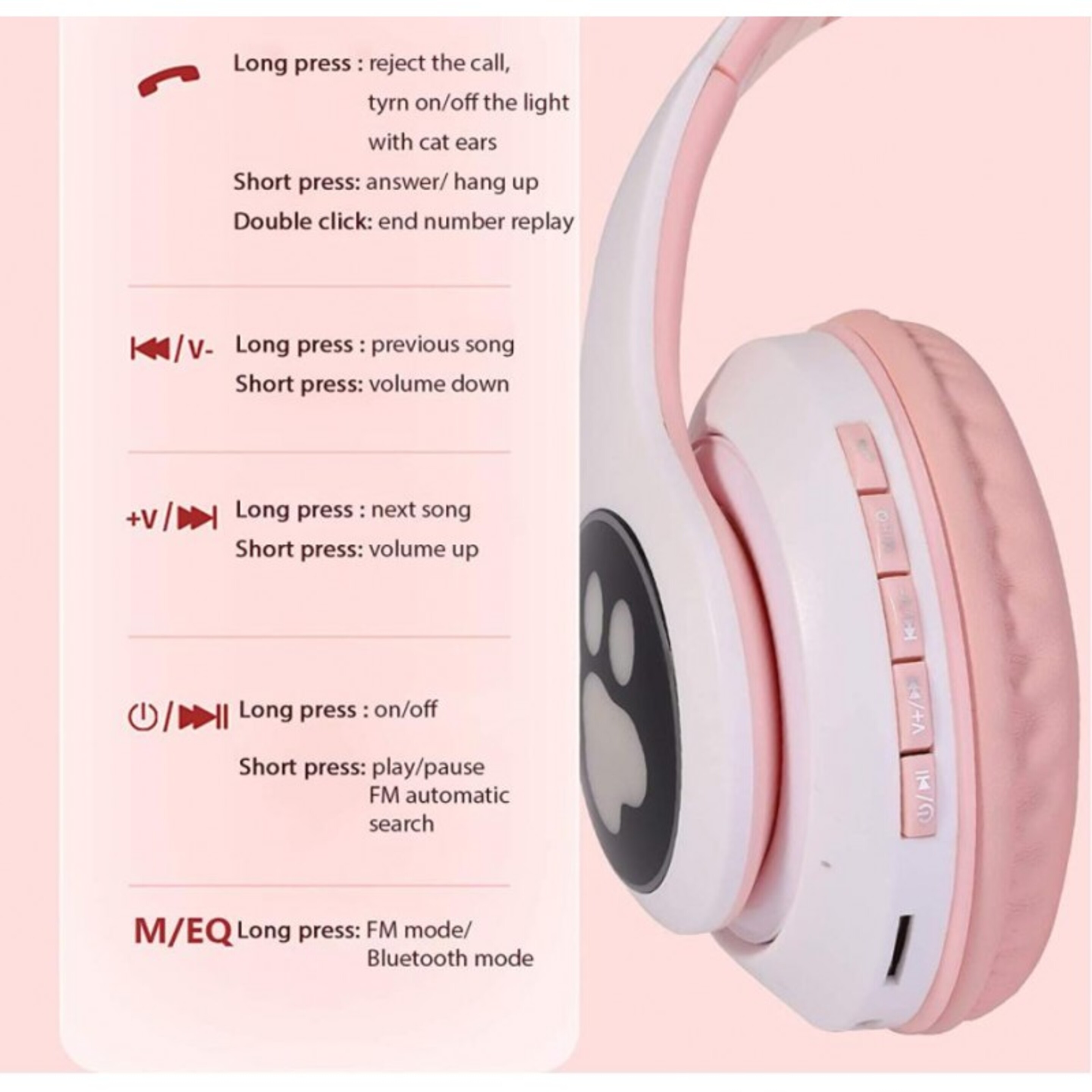 Auriculares Smartek Bluetooth Inalámbricos Oreja De Gato Con Luz Led Rosas - Rosa  MKP