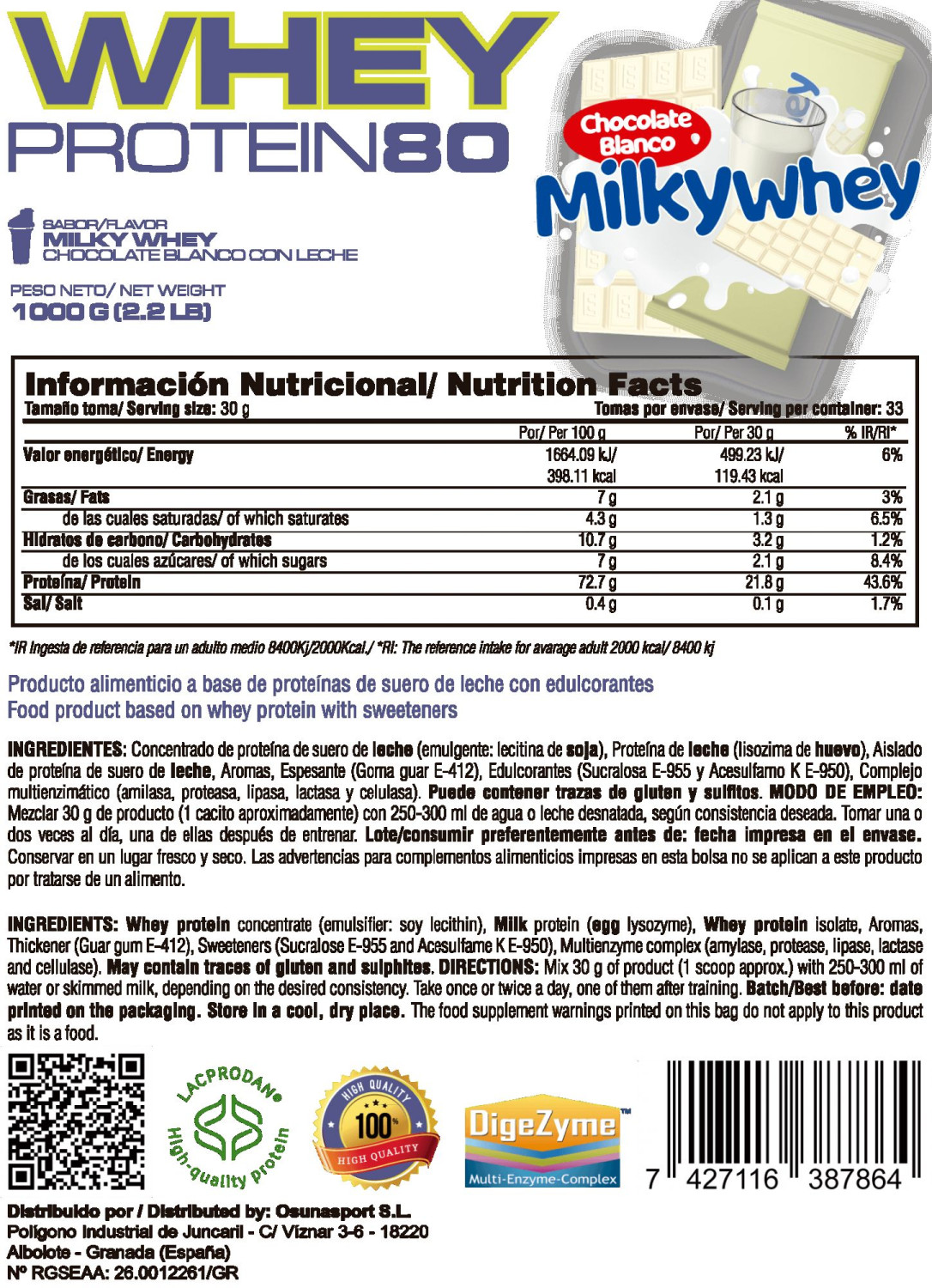 Whey Protein80 - 1kg De Mm Supplements Sabor Chocolate Blanco Milky Whey