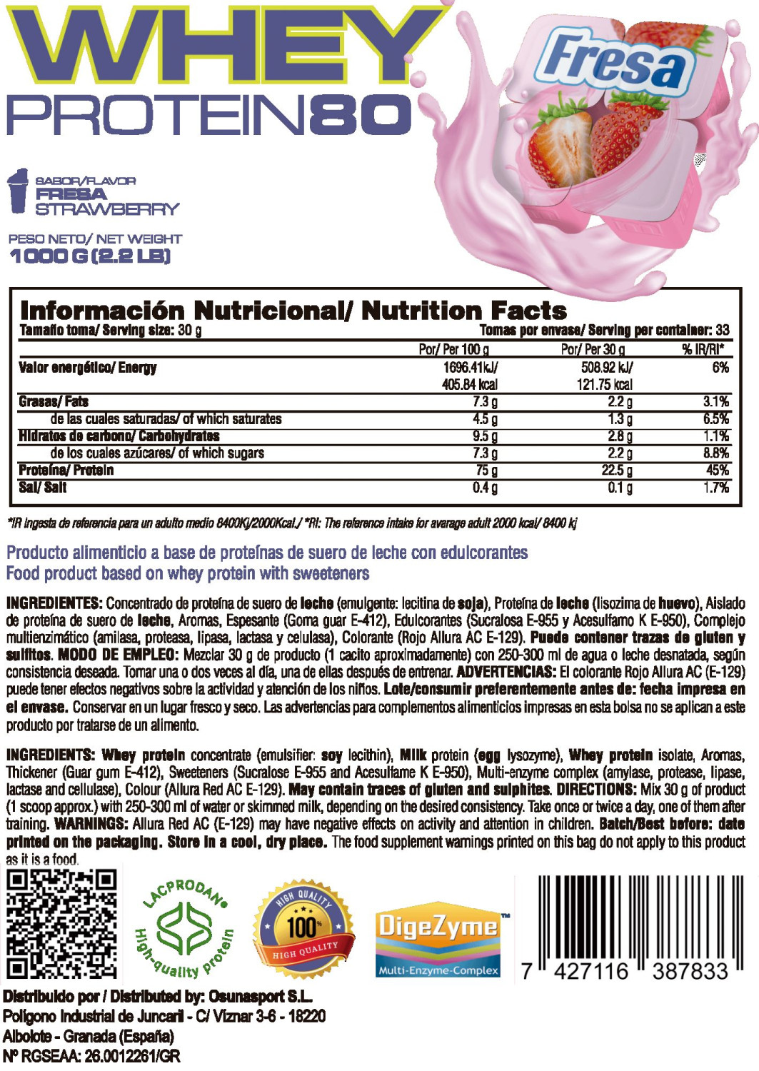 Whey Protein80 - 1kg De Mm Supplements Sabor Fresa