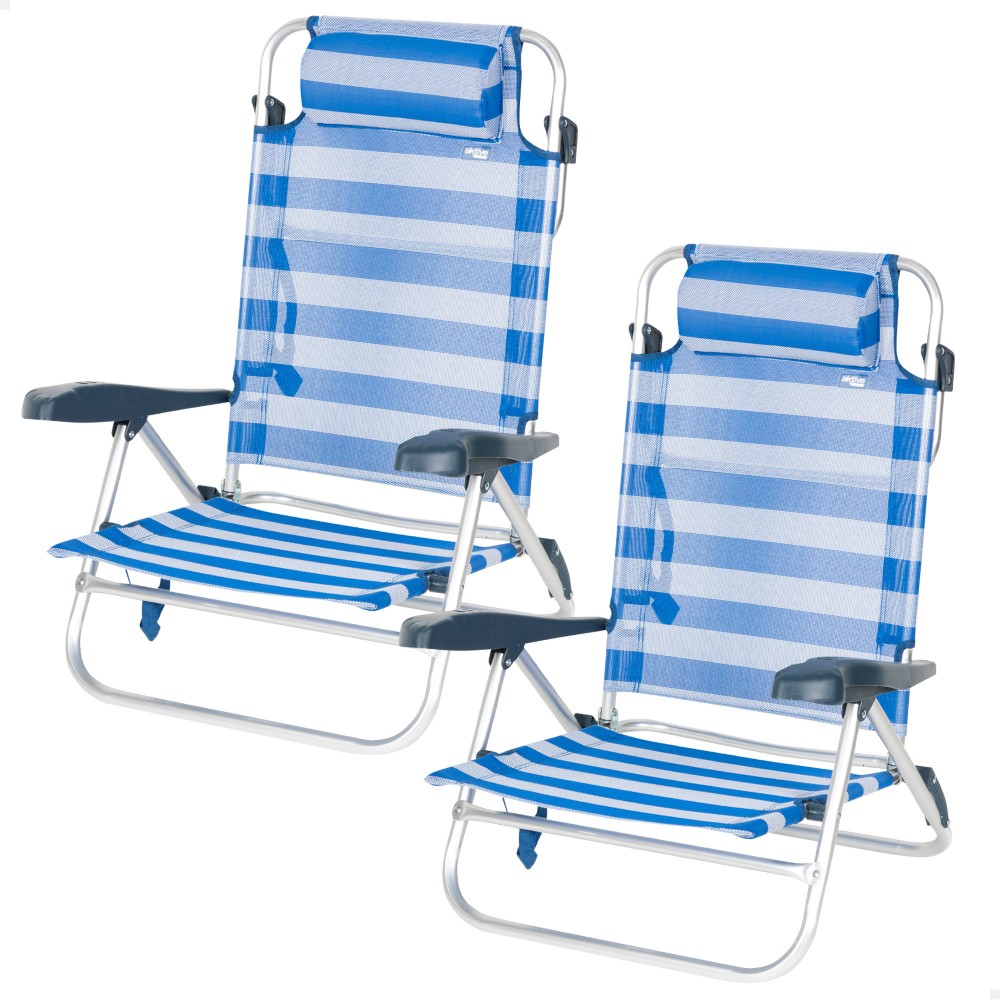 Pacote De 2 Cadeiras De Praia Dobráveis E Reclináveis De 7 Posições À Beira-mar C/almofada - azul-blanco - 