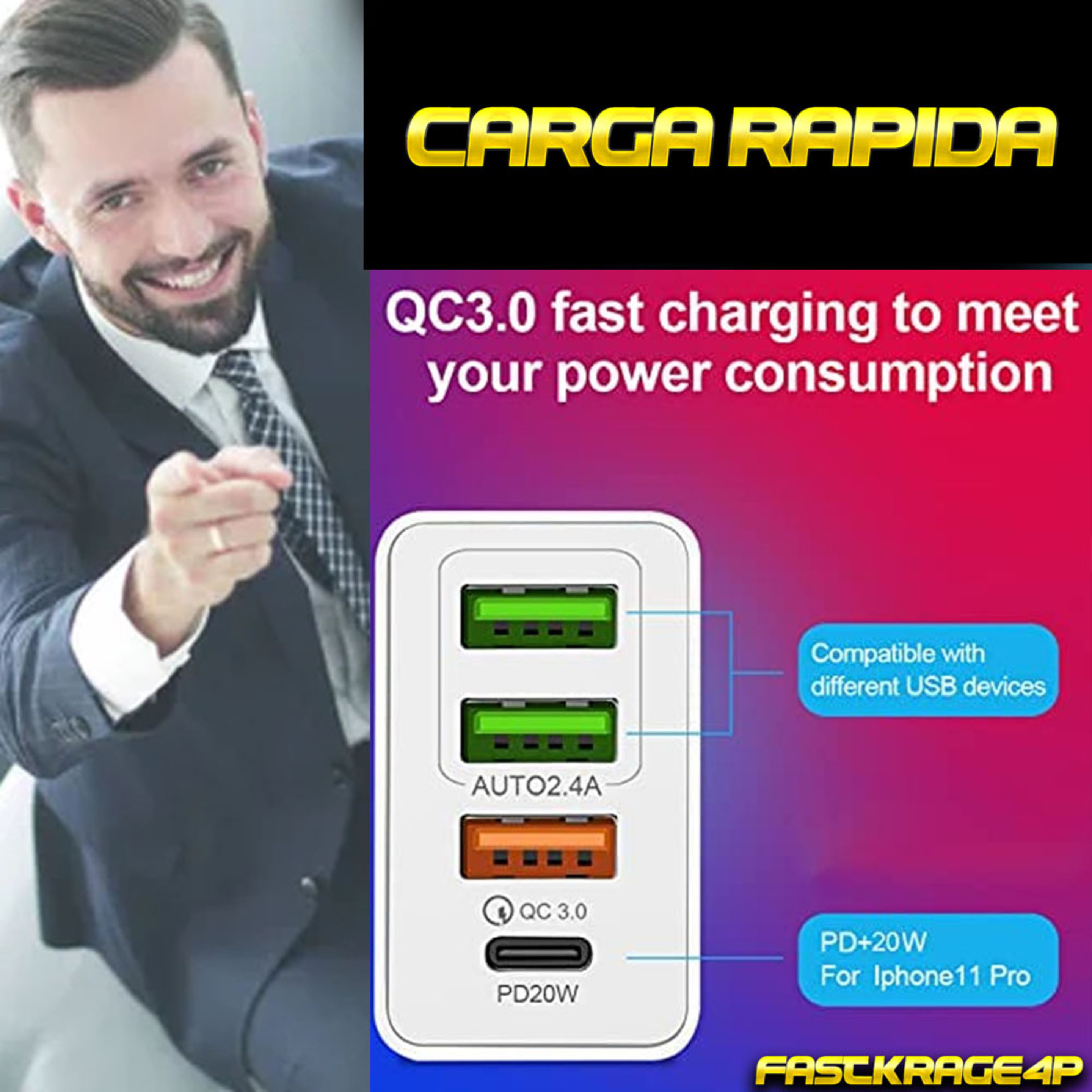 Cargador De Carga Rapida Con 4 Puertos 36w Telefono Movil Smartwatch Auriculares