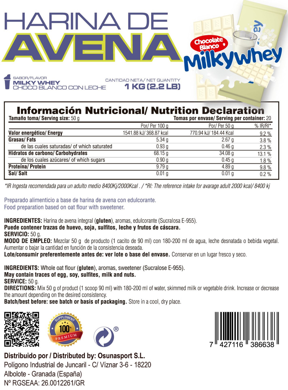 Harina De Avena - 1kg De Mm Supplements Sabor Milky Whey (choco Blanco Con Leche)