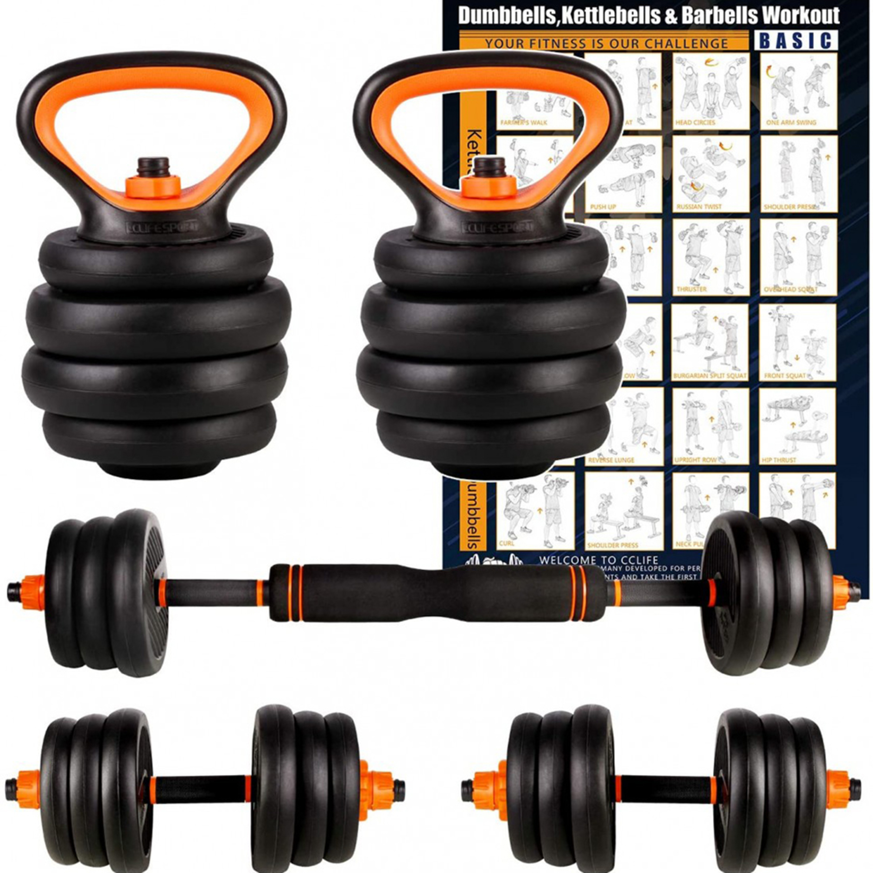 Pack De Halteres 2 En 1 (25 Kg) Clover Fitness - Preto/Laranja | Sport Zone MKP