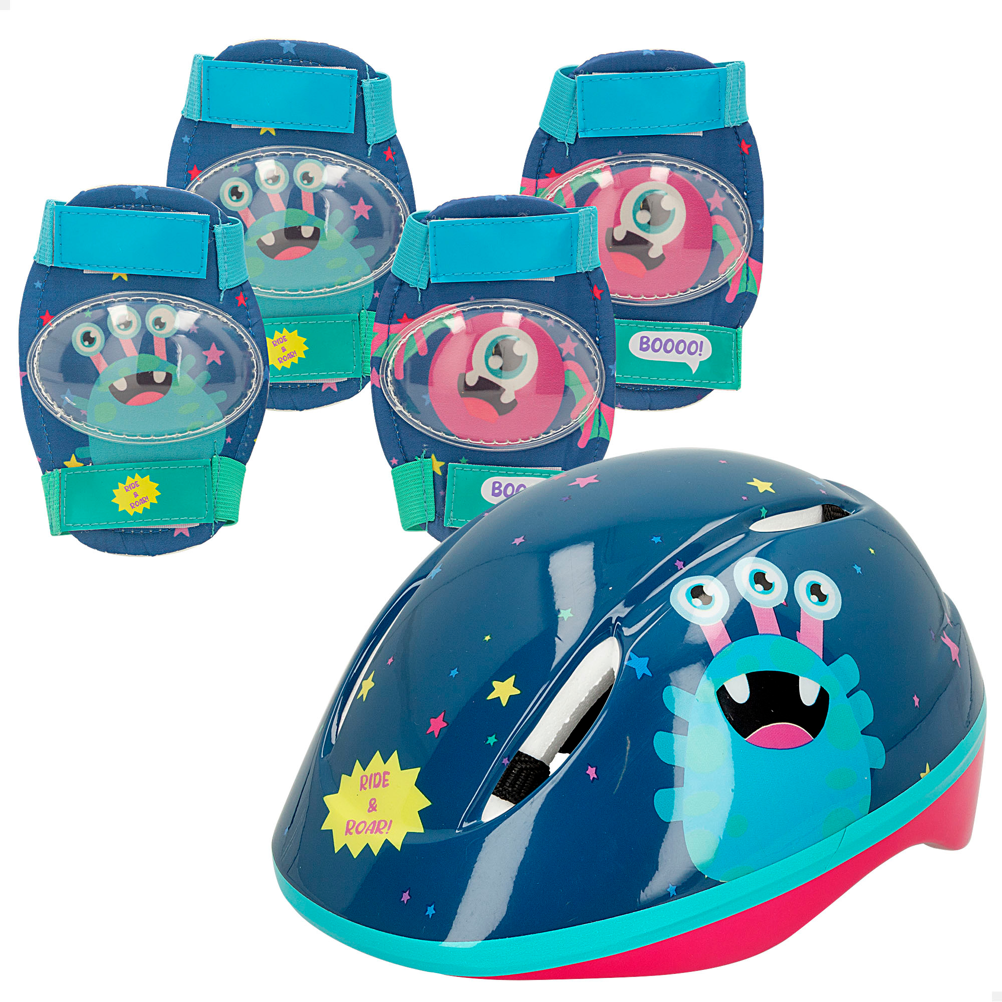 Kit Protección Patinaje Infantil C/casco, Rodilleras Y Coderas De Monstruos Cb Riders - azul - 