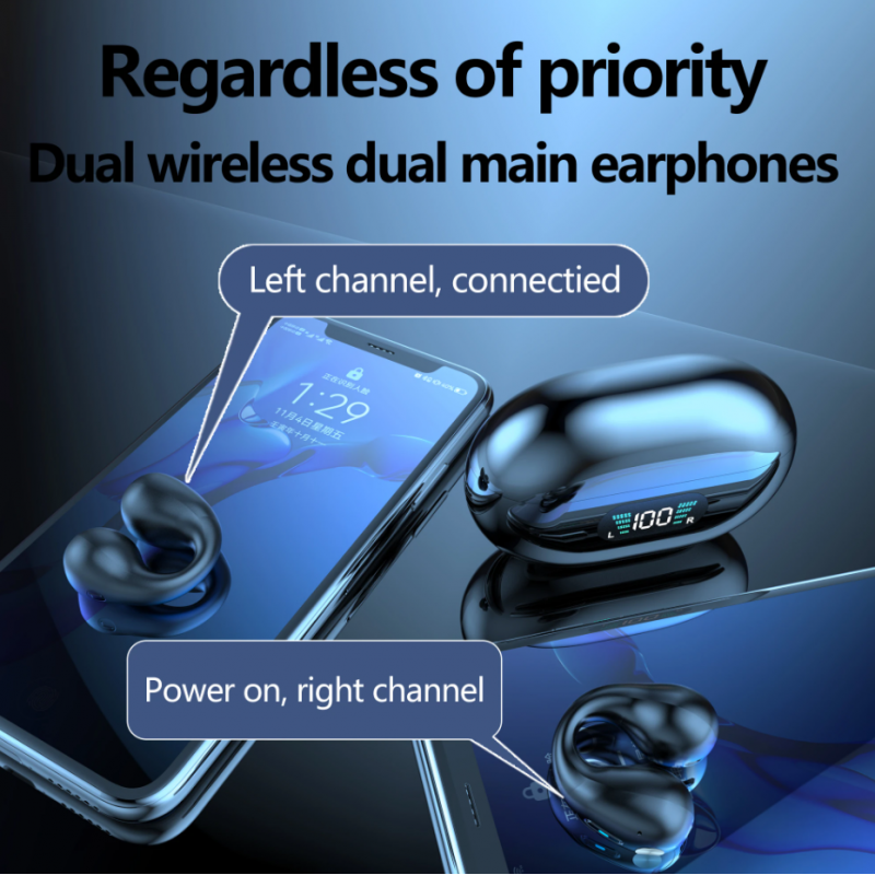 Smartek Wireless Sports Bluetooth 5.3 Mini Auscultadores Sem Fios Com Condução Óssea E Clip Para O Ouvido Preto