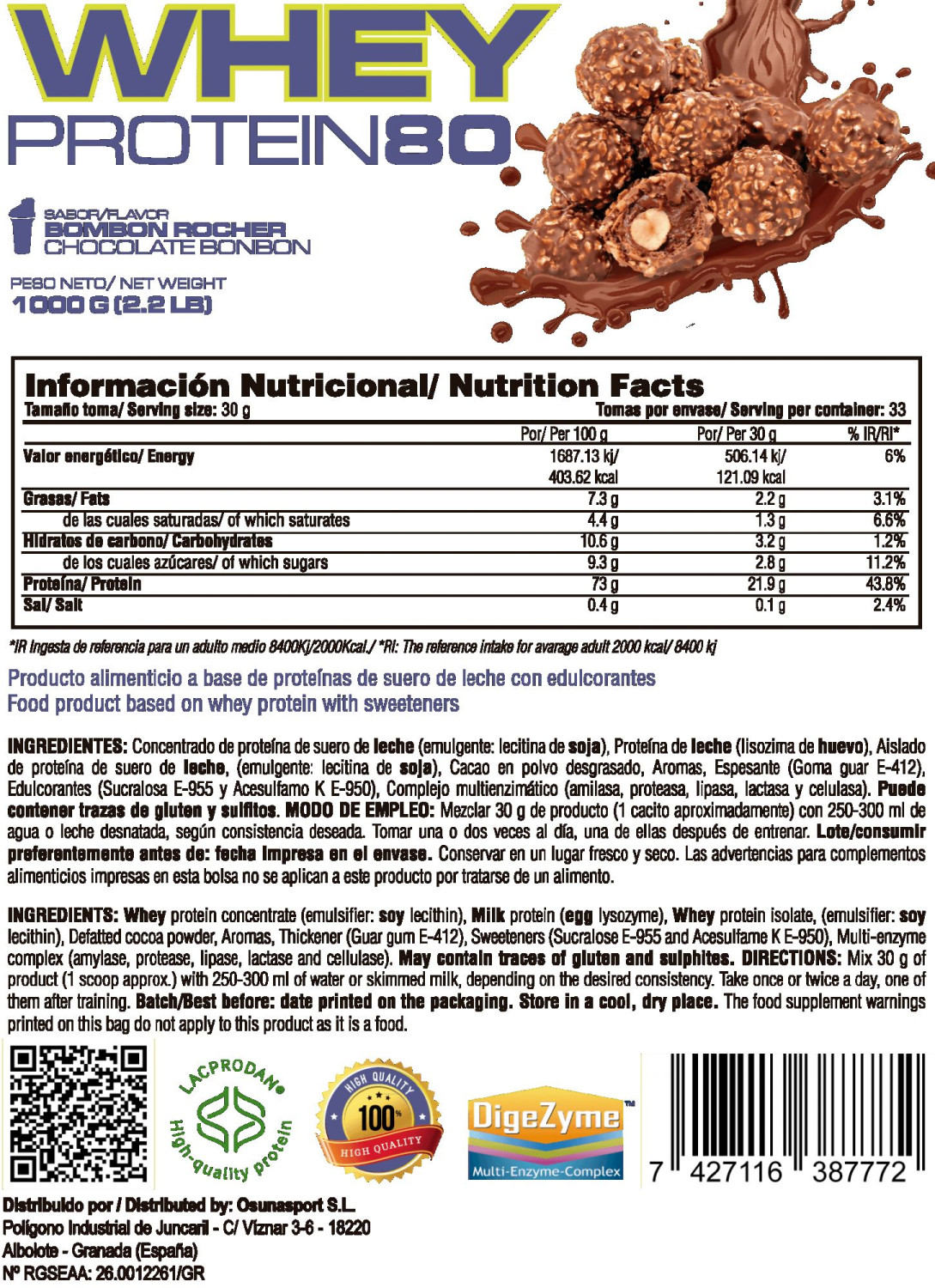 Whey Protein80 - 1kg De Mm Supplements Sabor Bombón Rocher
