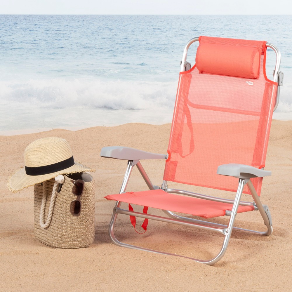 Aktive Cadeira De Praia Dobrável E Reclinável 7 Posições Coral Com Almofada E Alças