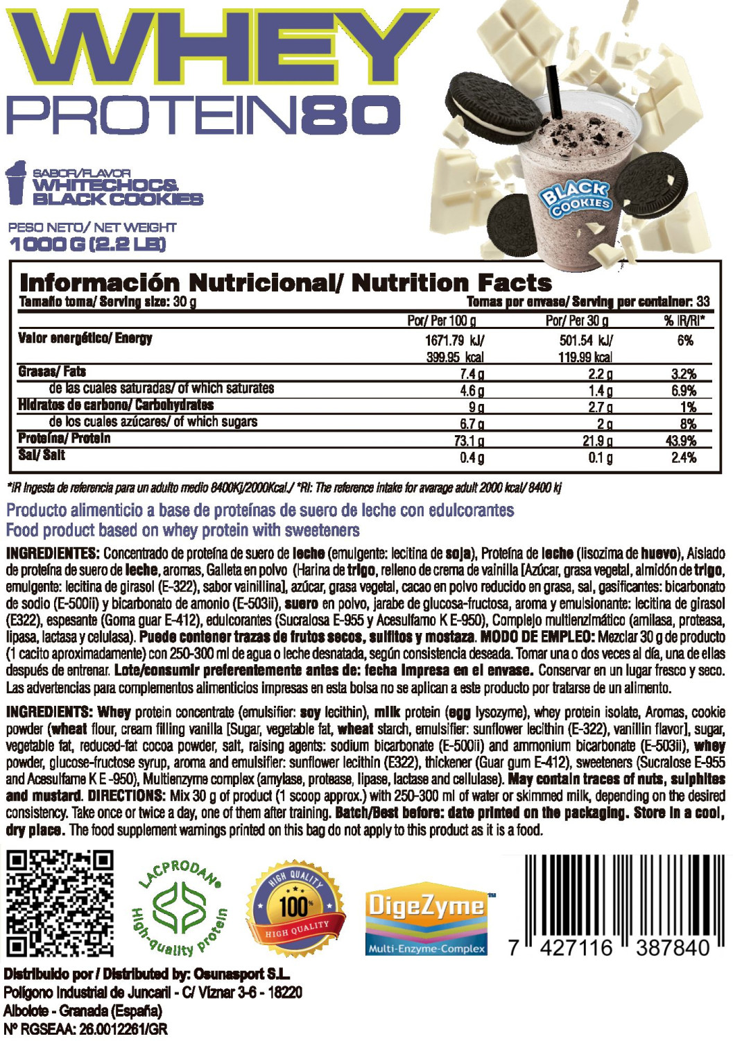 Whey Protein80 - 1kg De Mm Supplements Sabor Chocolate Blanco Con Black Cookies