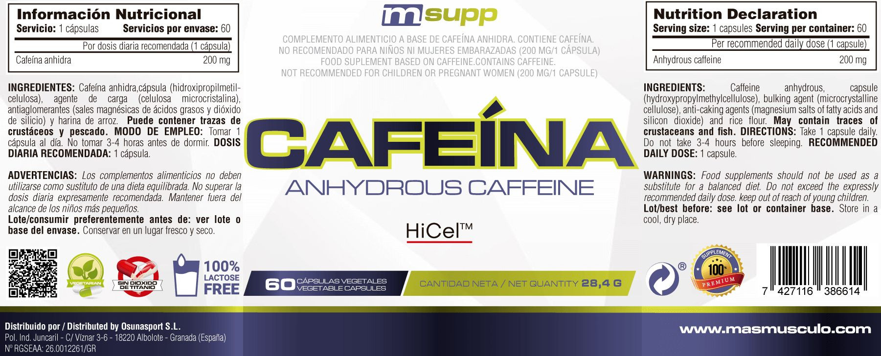 Cafeína - 60 Cápsulas Vegetales De Mm Supplements