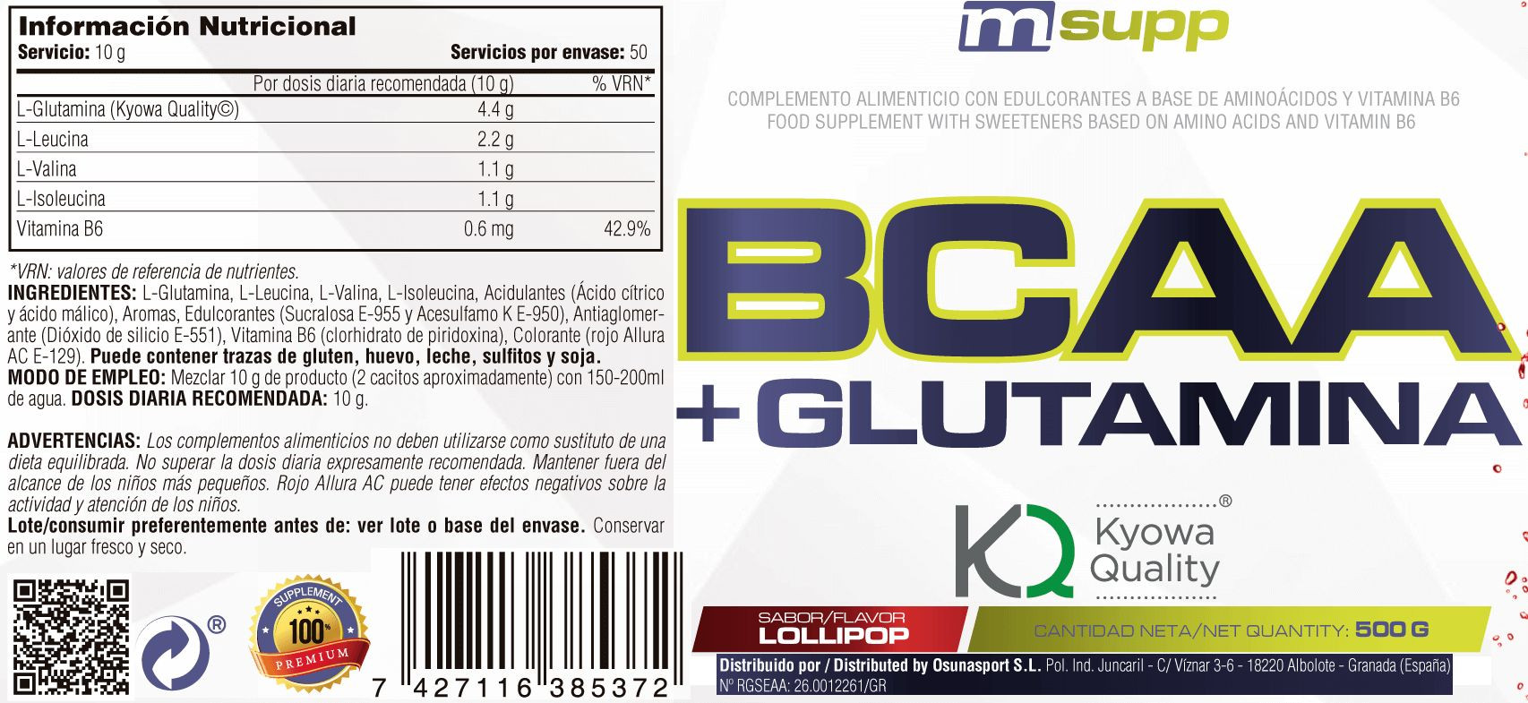 L-glutamina Kyowa + Bcaa - 500g De Mm Supplements Sabor Lollipop