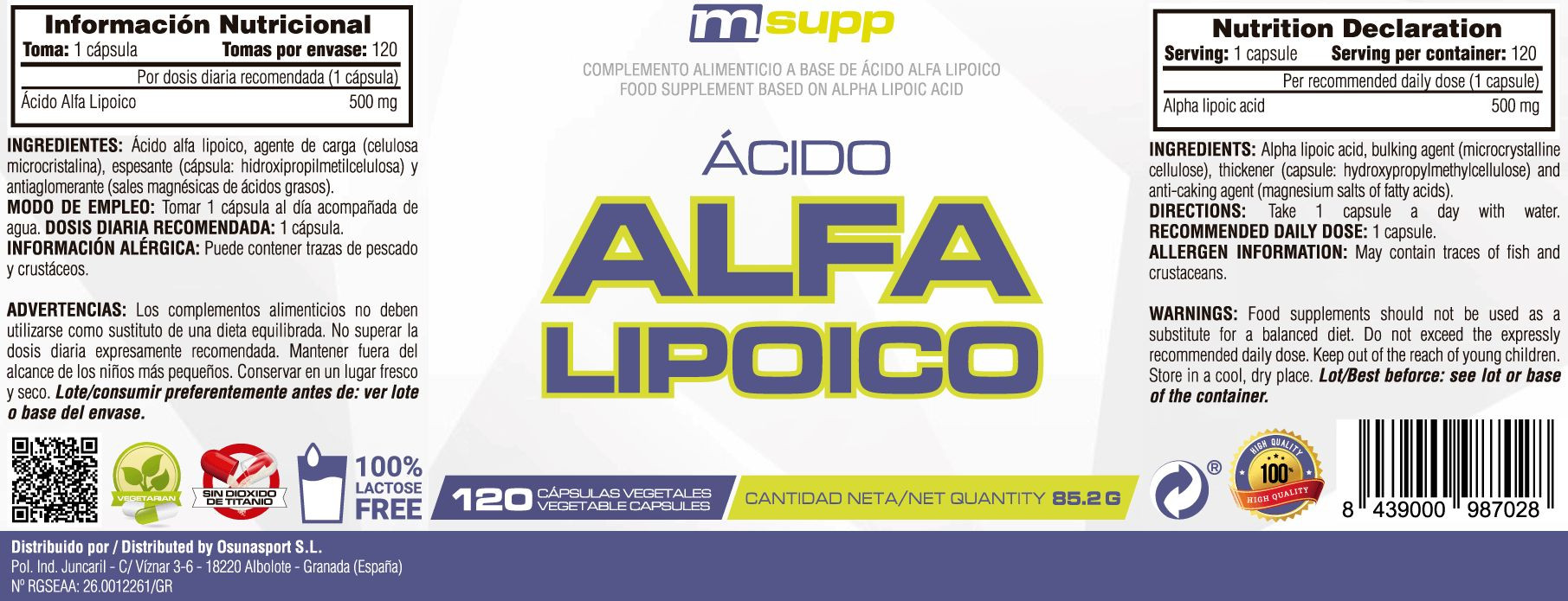 Ácido Alfa Lipoíco - 120 Cápsulas Vegetales De Mm Supplements