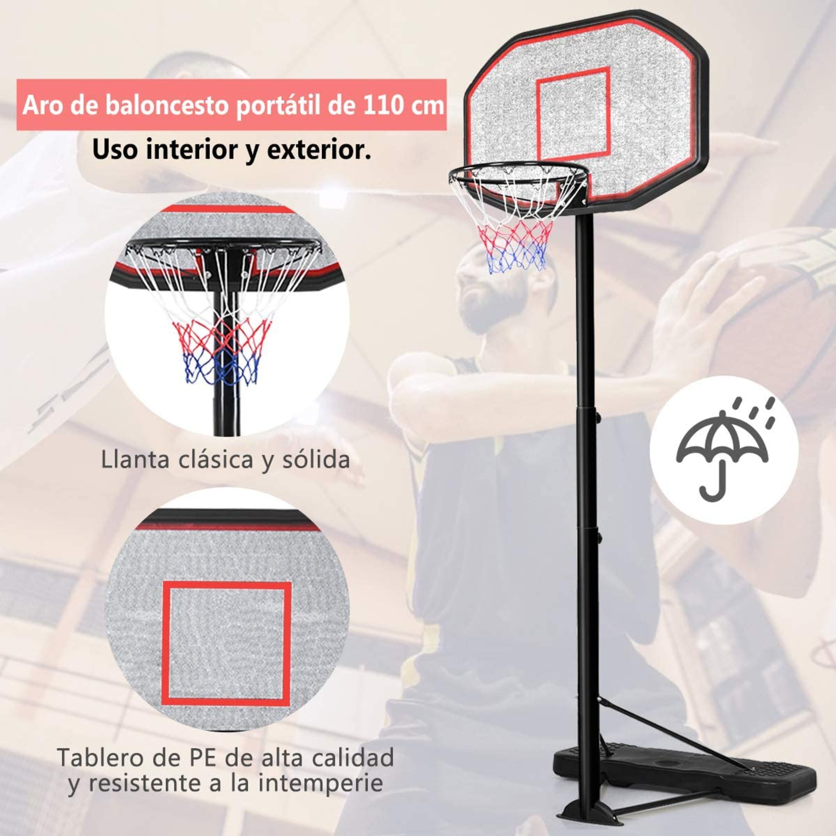 Canasta De Baloncesto Con Tablero Altura Ajustable 202 A 305cm Costway