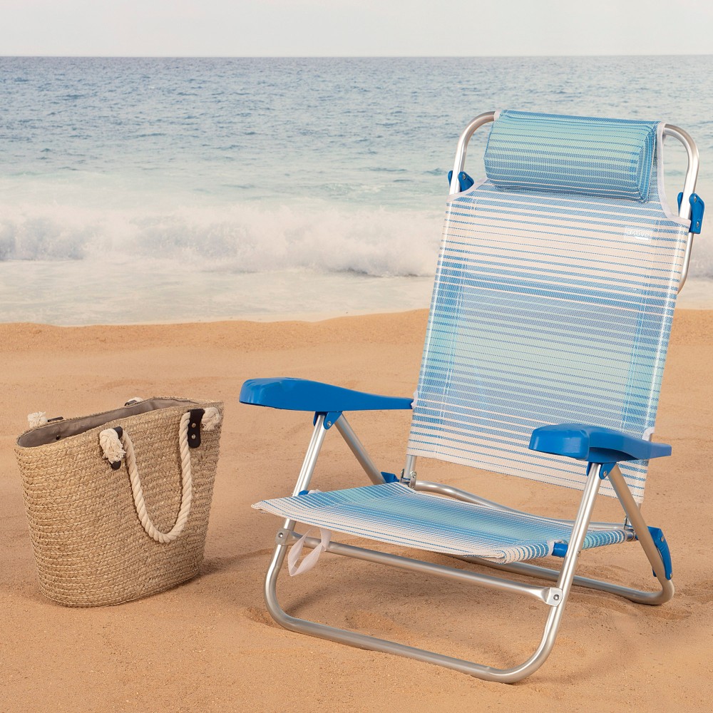 Aktive Cadeira De Praia Dobrável E Reclinável 7 Posições Listras Azuis C/almofada E Alças