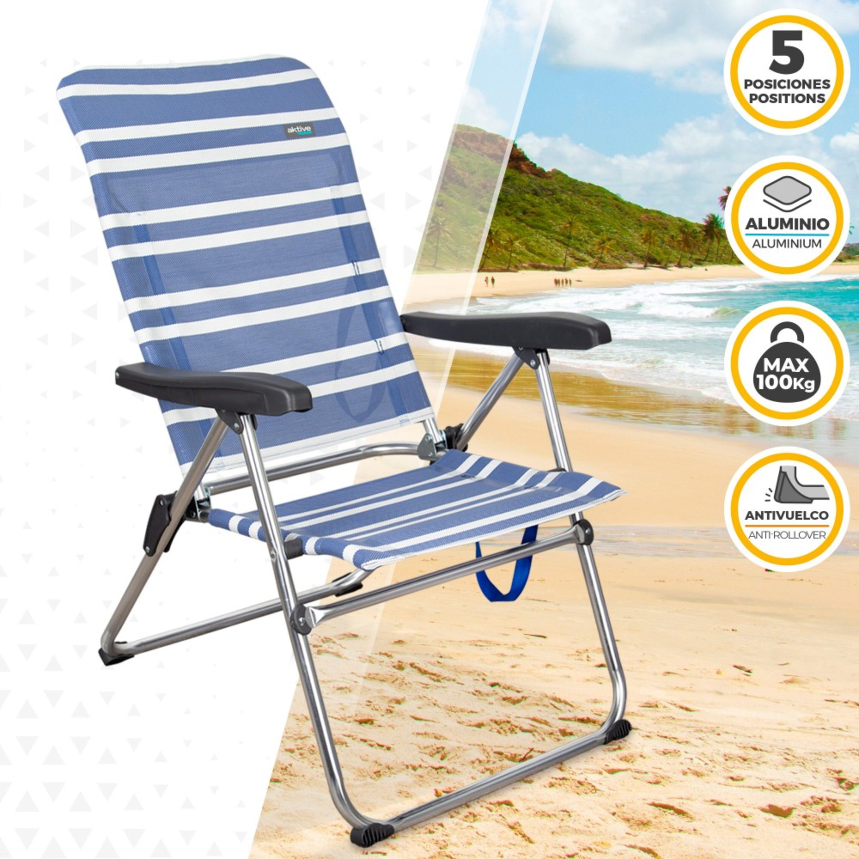 Saving Pack 2 Cadeiras De Praia Anti-queda Multiposições Mykonos 47x63x93 Cm Aktive - Azul | Sport Zone MKP
