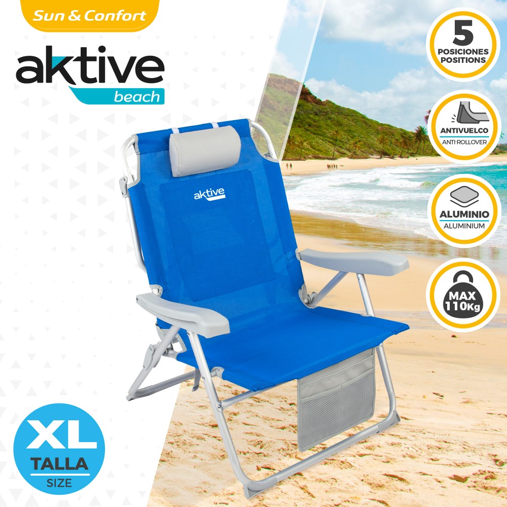 Cadeira De Praia Mochila Ultraistente Xl 120 Kg C/almofada, Bolsa E Bolso Aktive