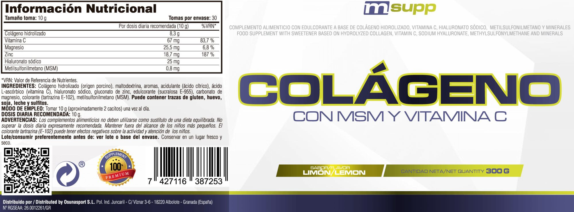 Colágeno Con Msm Y Vitamina C - 300g De Mm Supplements Sabor Limon