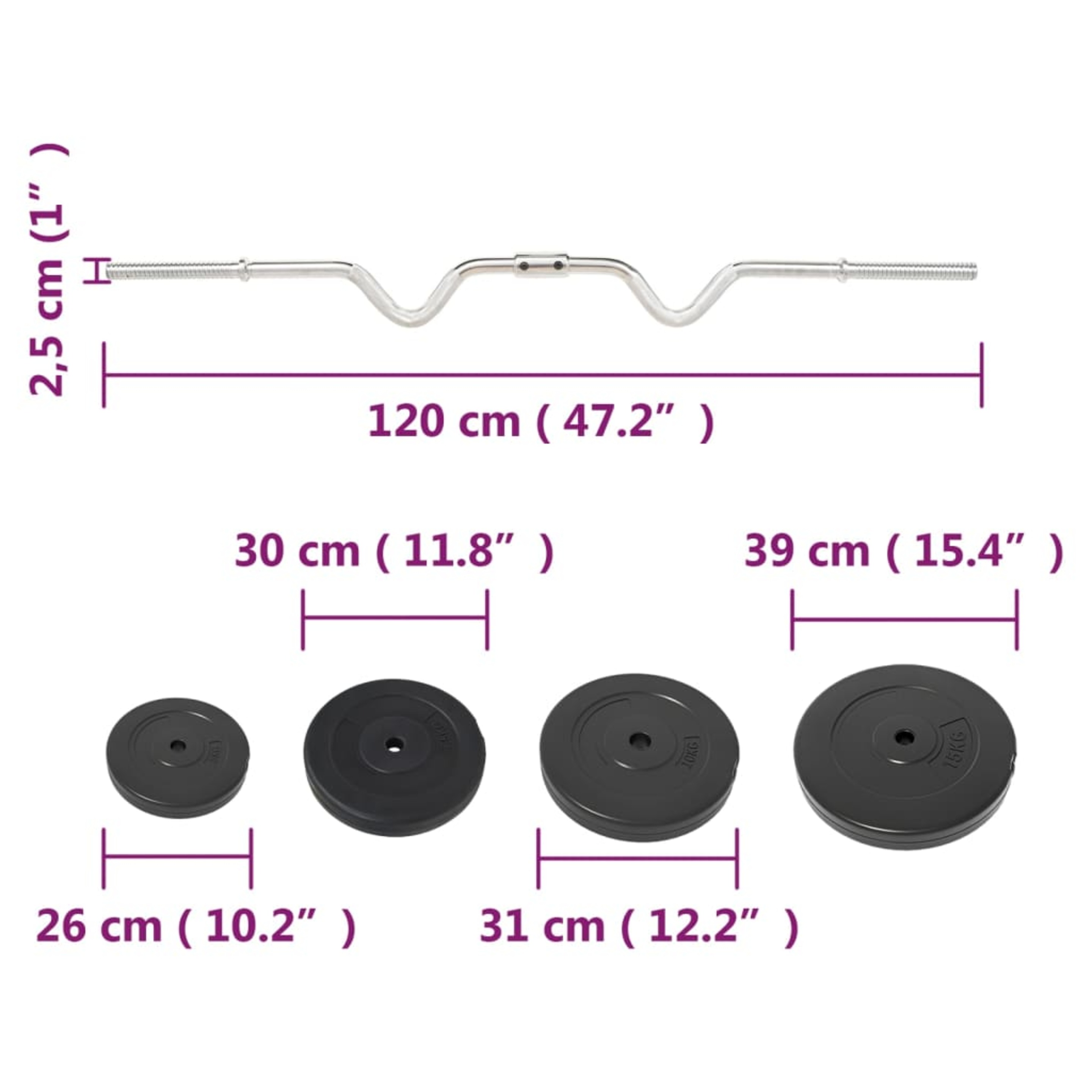 Mancuerna Super Curl Con Discos Vidaxl 90 Kg 2.5x120 Cm