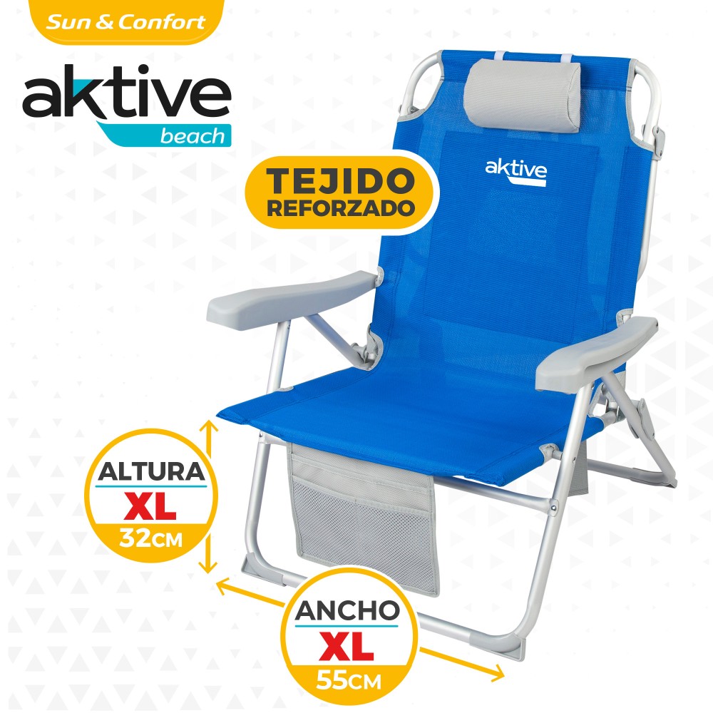 Cadeira De Praia Mochila Ultraistente Xl 120 Kg C/almofada, Bolsa E Bolso Aktive