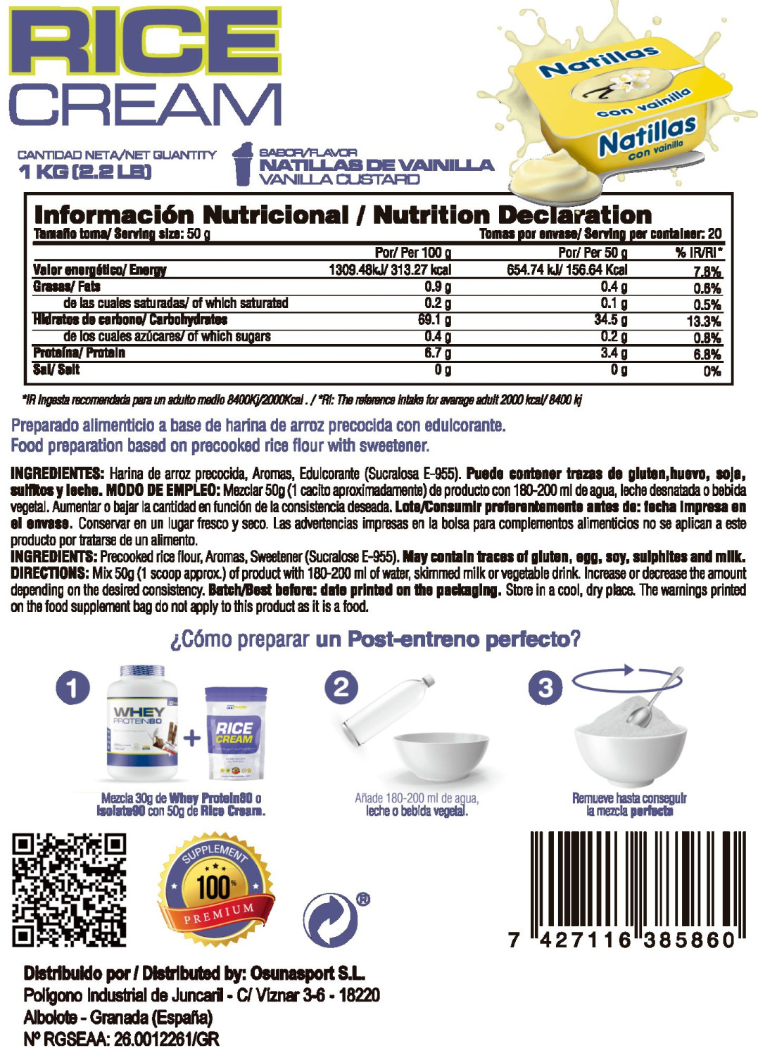 Rice Cream (crema De Arroz Precocida) - 1kg De Mm Supplements Sabor Natillas De Vainilla