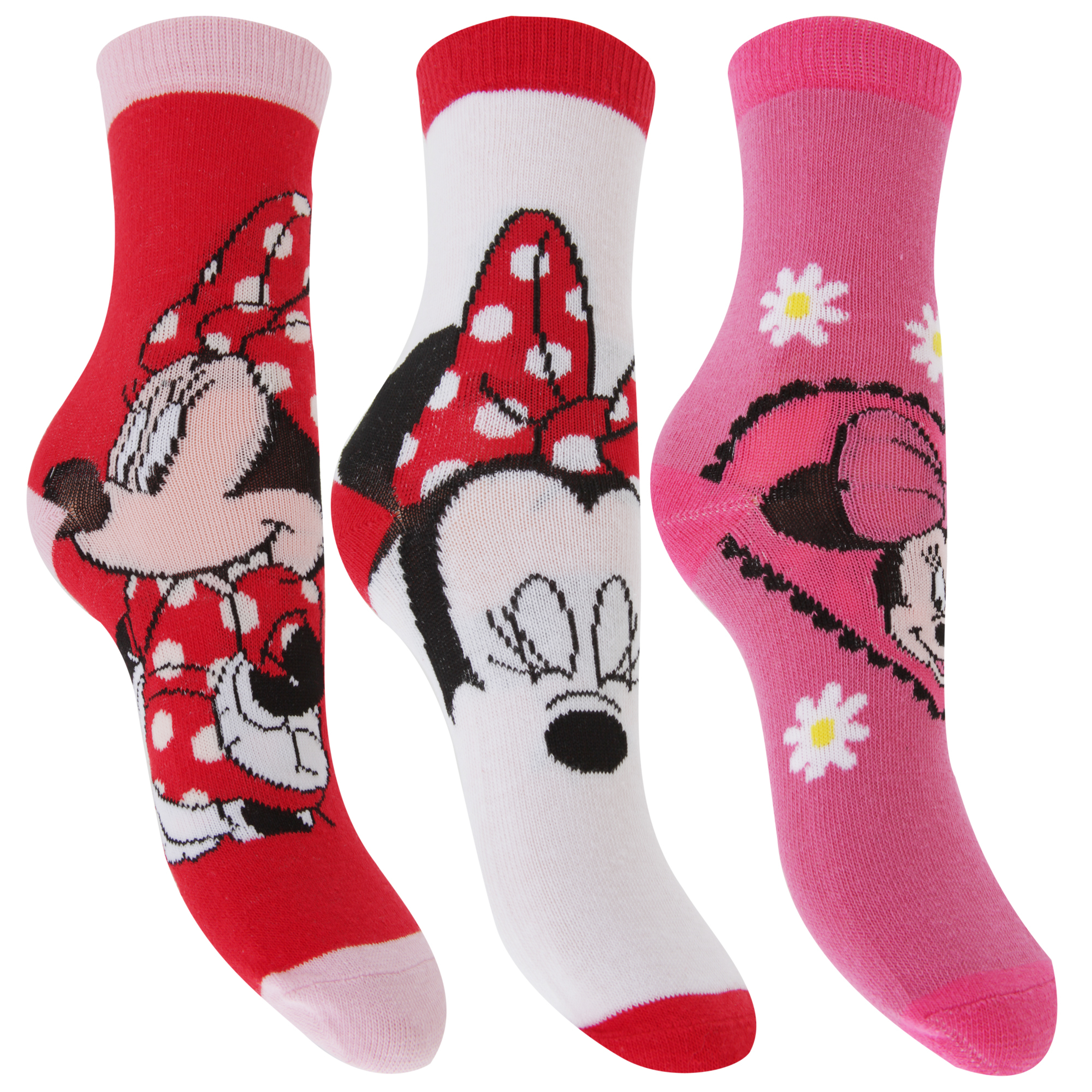 Disney Minnie Mouse - Calcetines Oficiales Estampados Para Niñas (3 Pares) (Rojo/blanco/rosa)