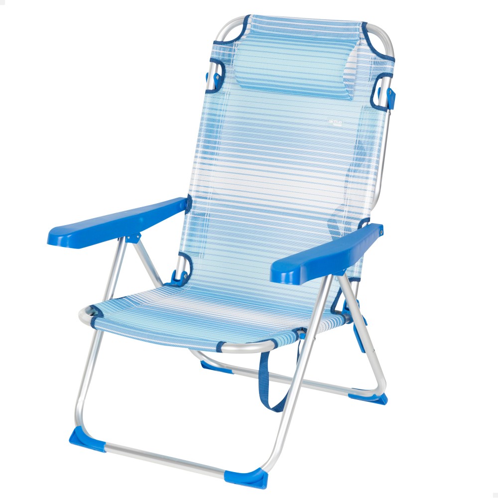 Cadeira De Praia Dobrável E Reclinável Aktive Listras Azuis C/almofada E Alça De Ombro