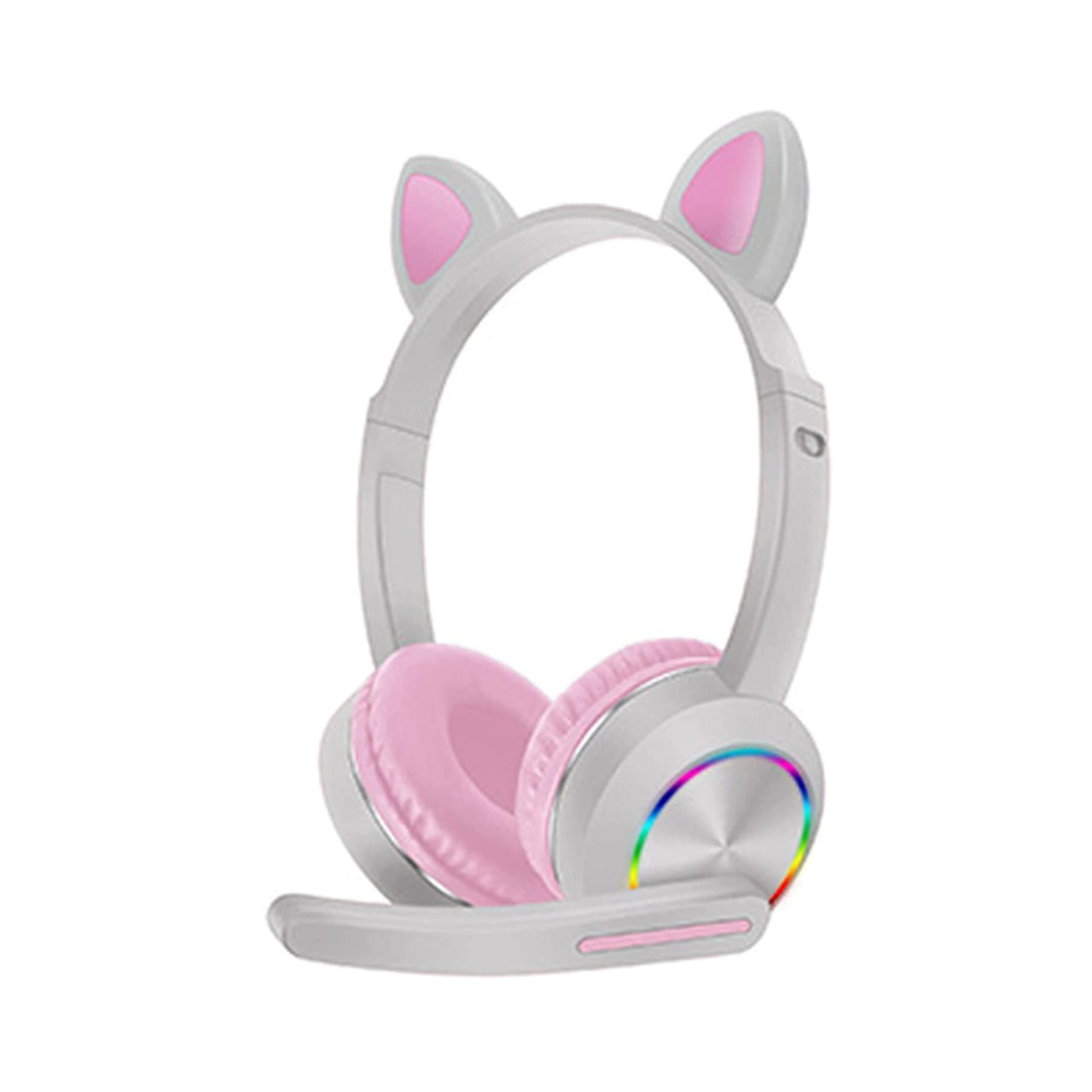 Fones De Ouvido Sem Fio Smartek Com Microfone Integrado, Luz Led E Orelhas De Gato Articuladas Branco-rosa