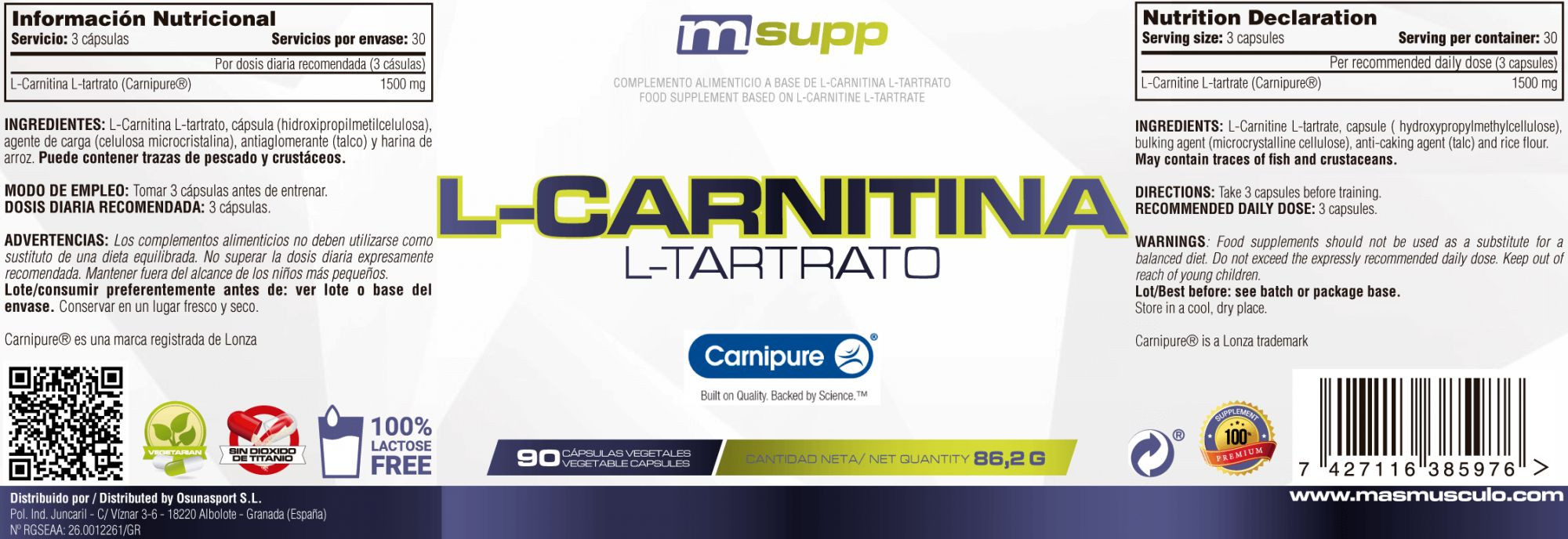 L-carnitina L-tartrato - 90 Cápsulas Vegetales De Mm Supplements  MKP