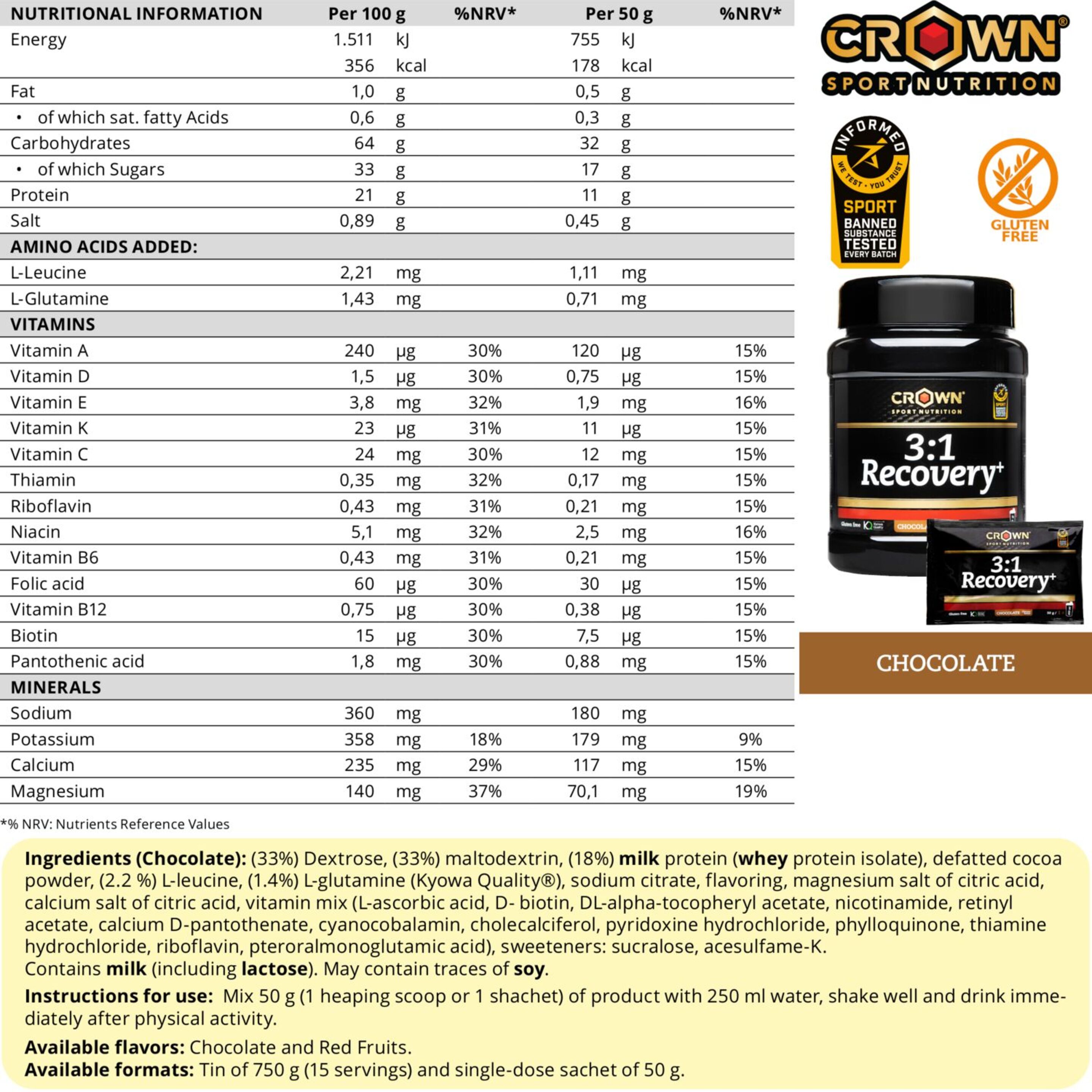 Pack De 14 Sobres De Recuperador Muscular De Whey De 50g Crown Sport Nutrition Chocolate