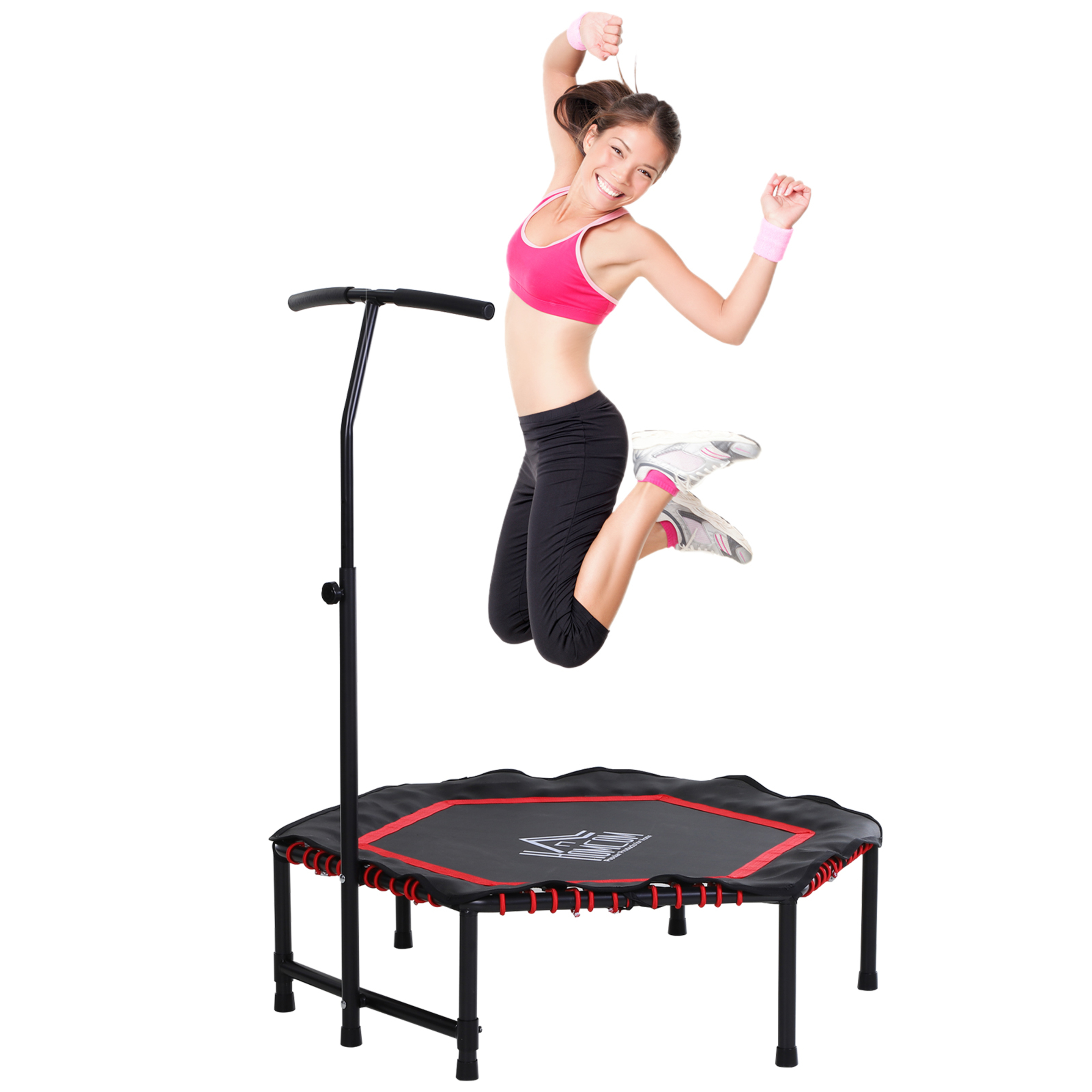 Homcom Trampolín Hexagonal Power Jump Gimnasio Manillar Regulable Rojo ?122x 122/130/138