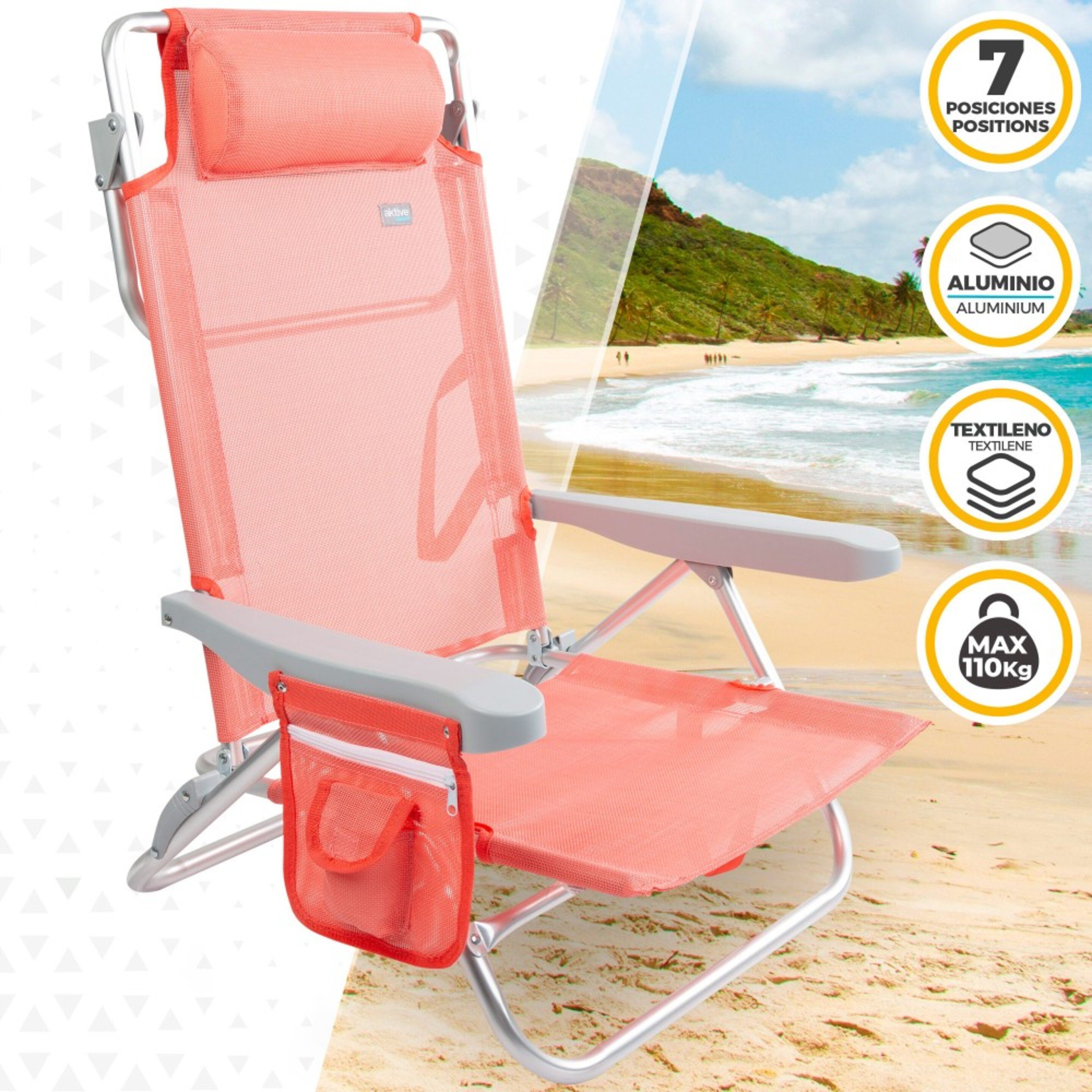 Cadeira De Praia 2-em-1 Conversível Em Espreguiçadeira C/almofada E Bolso Lateral Coral Aktive