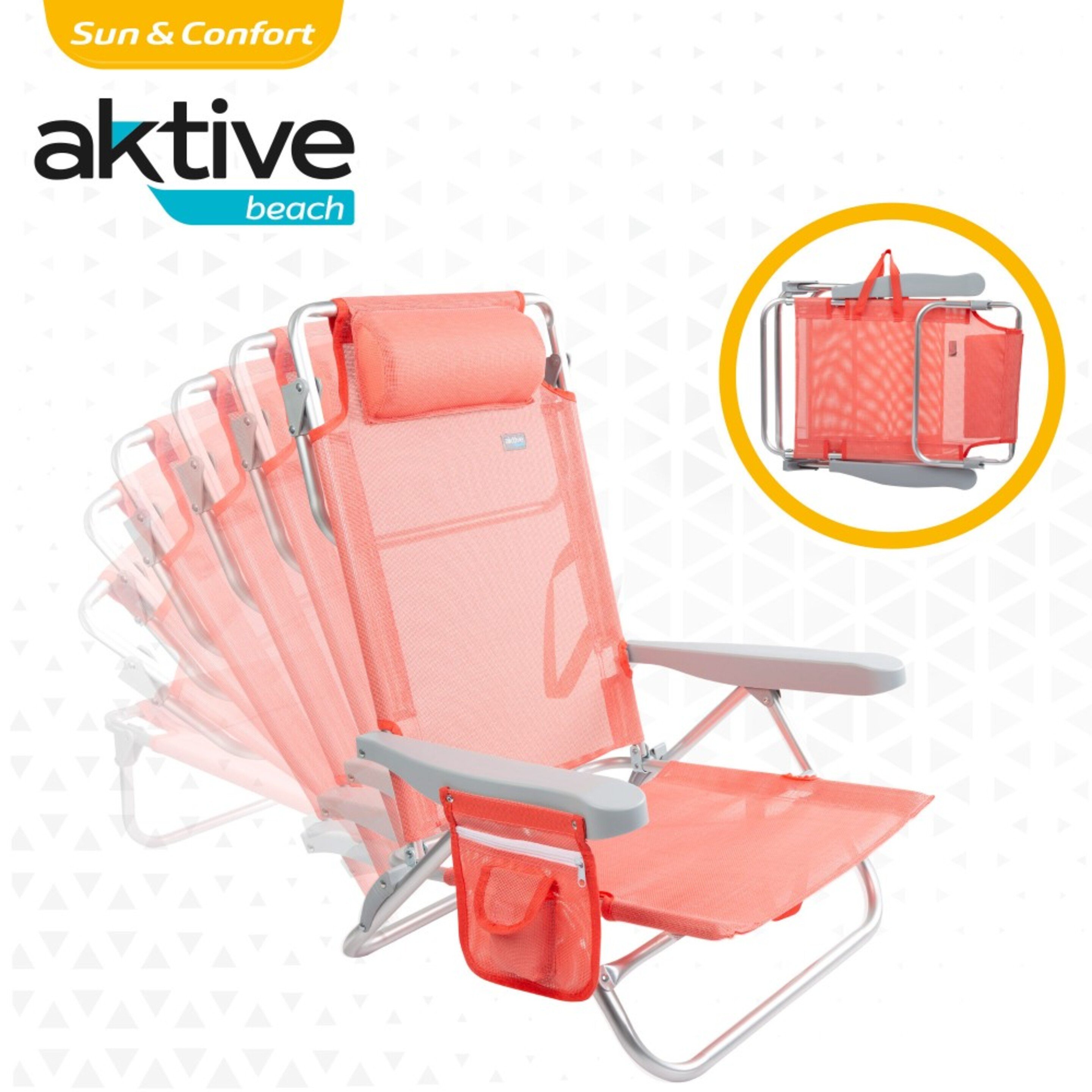 Cadeira De Praia 2-em-1 Conversível Em Espreguiçadeira C/almofada E Bolso Lateral Coral Aktive