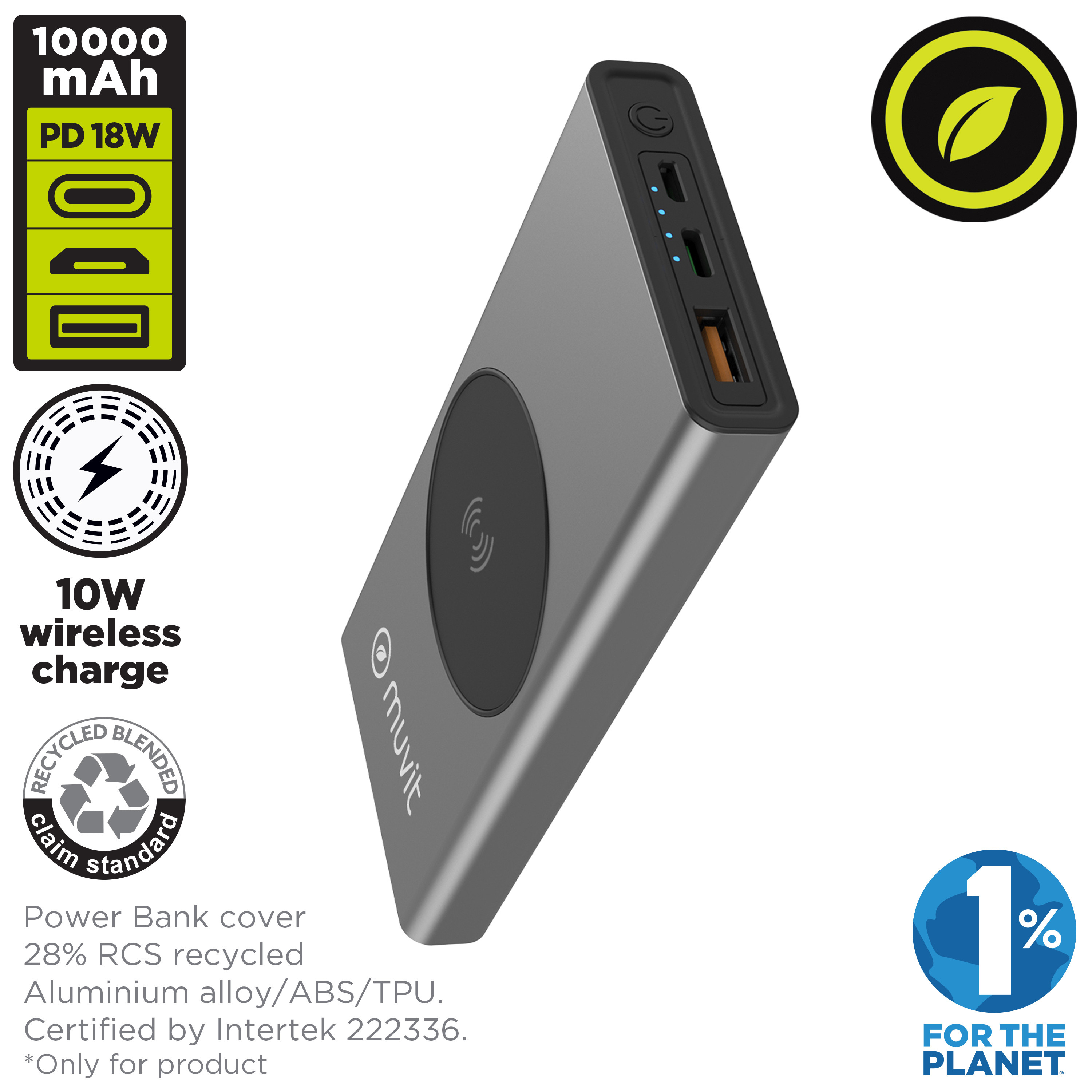 Power Bank 10000 Muvit For Change Mah/10w Wireless + Output Usb A + Tipo C  MKP