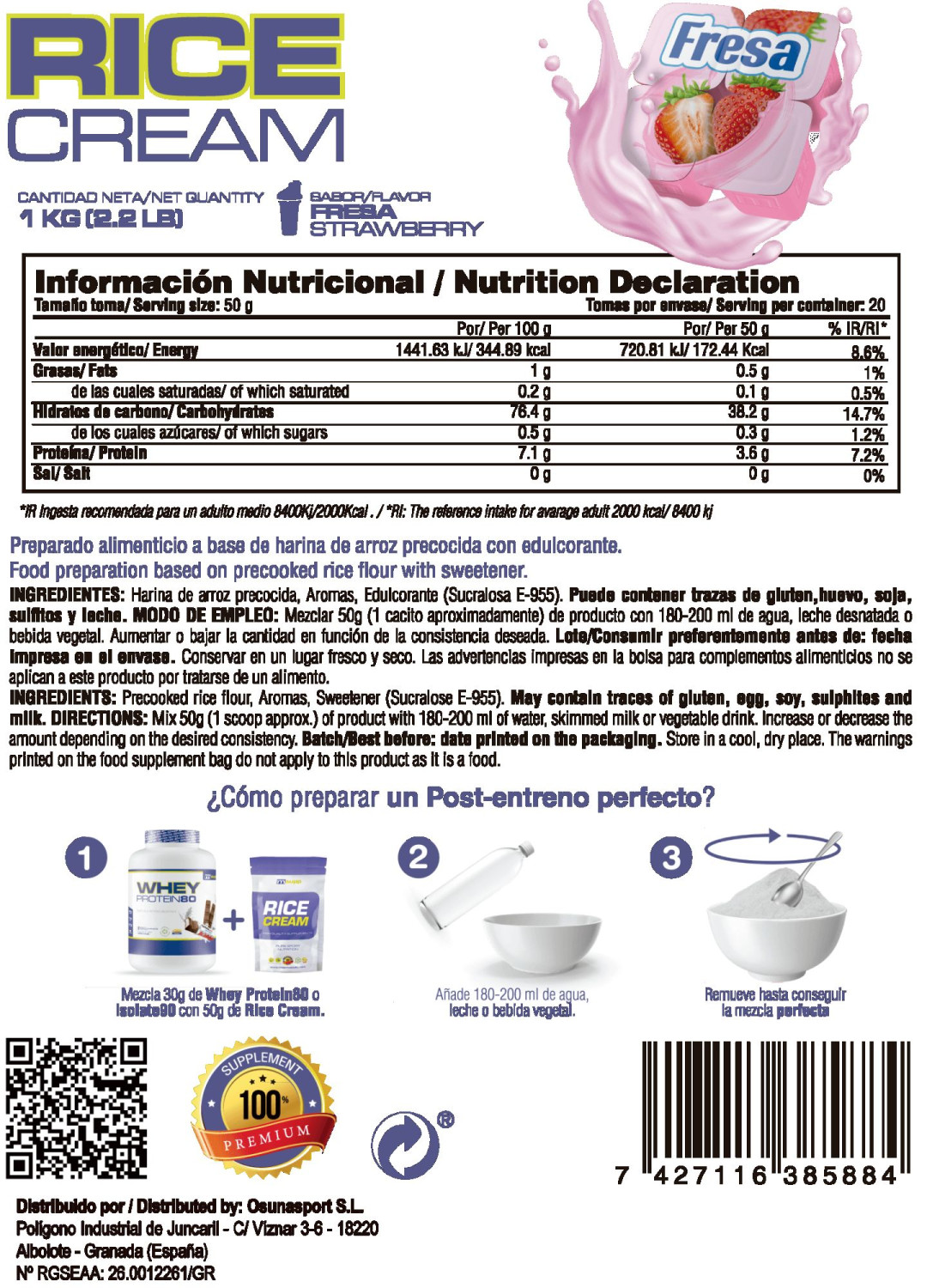 Rice Cream (crema De Arroz Precocida) - 1kg De Mm Supplements Sabor Fresa  MKP