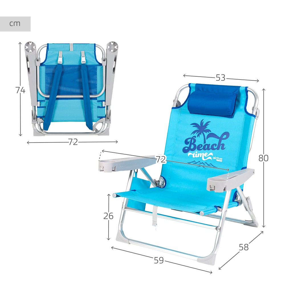 Cadeira De Praia E Espreguiçadeira Baixa 5 Posições Azul C/almofada E Bolsa Removível Aktive