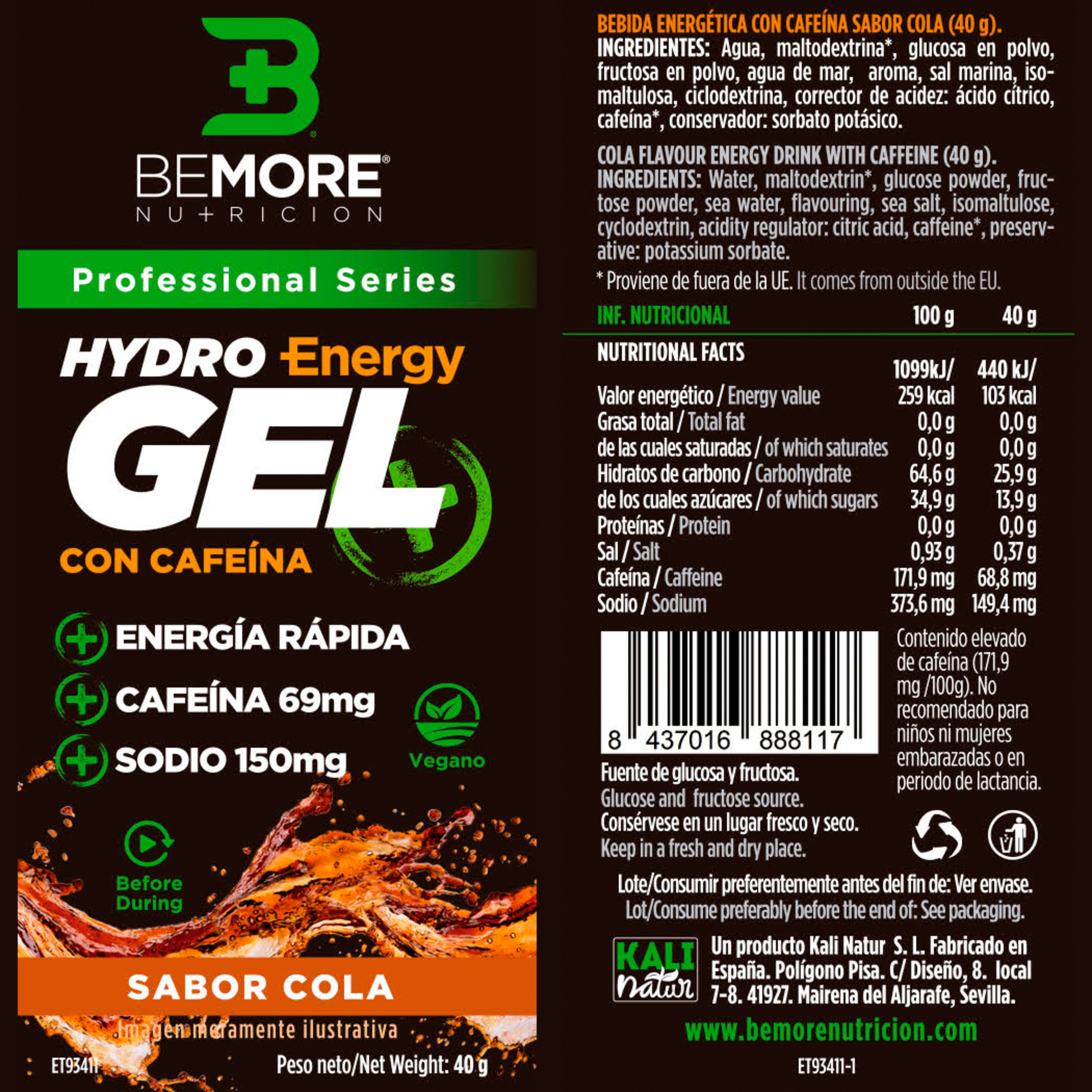 Hydrogel Energético +energy Cafeína. Sabor Cola. 40g Caja 20 Unidades