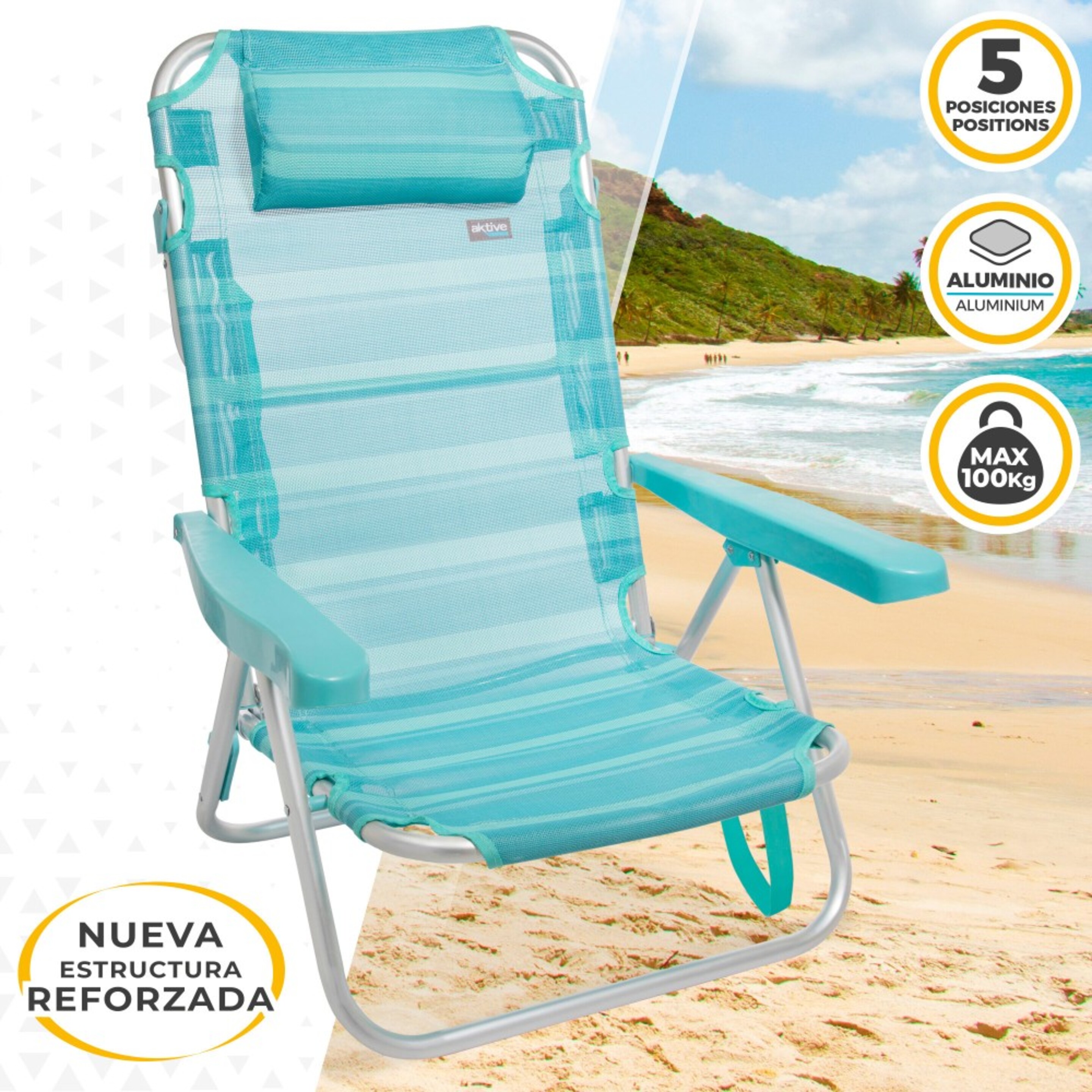 Saving Pack 2 Cadeiras De Praia Mediterrânicas Multiposições Com Almofada 48x46x84 Cm Aktive - Azul | Sport Zone MKP