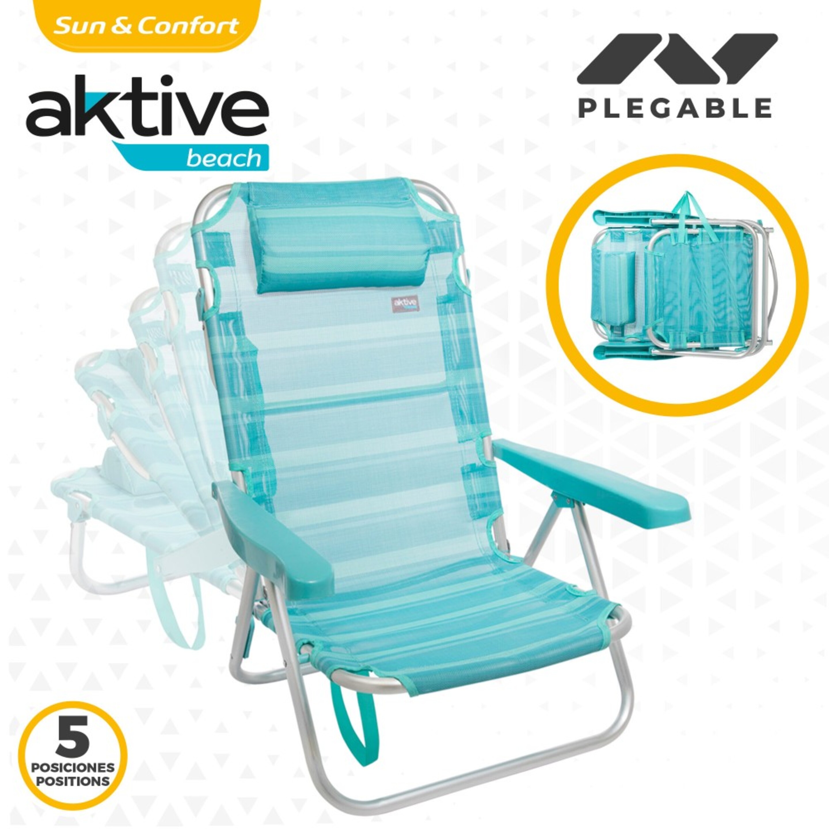 Saving Pack 2 Cadeiras De Praia Mediterrânicas Multiposições Com Almofada 48x46x84 Cm Aktive - Azul | Sport Zone MKP