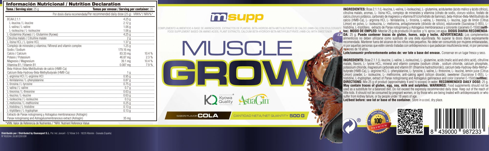 Mg Amino Muscle Grow - 500g De Mm Supplements Sabor Cola  MKP