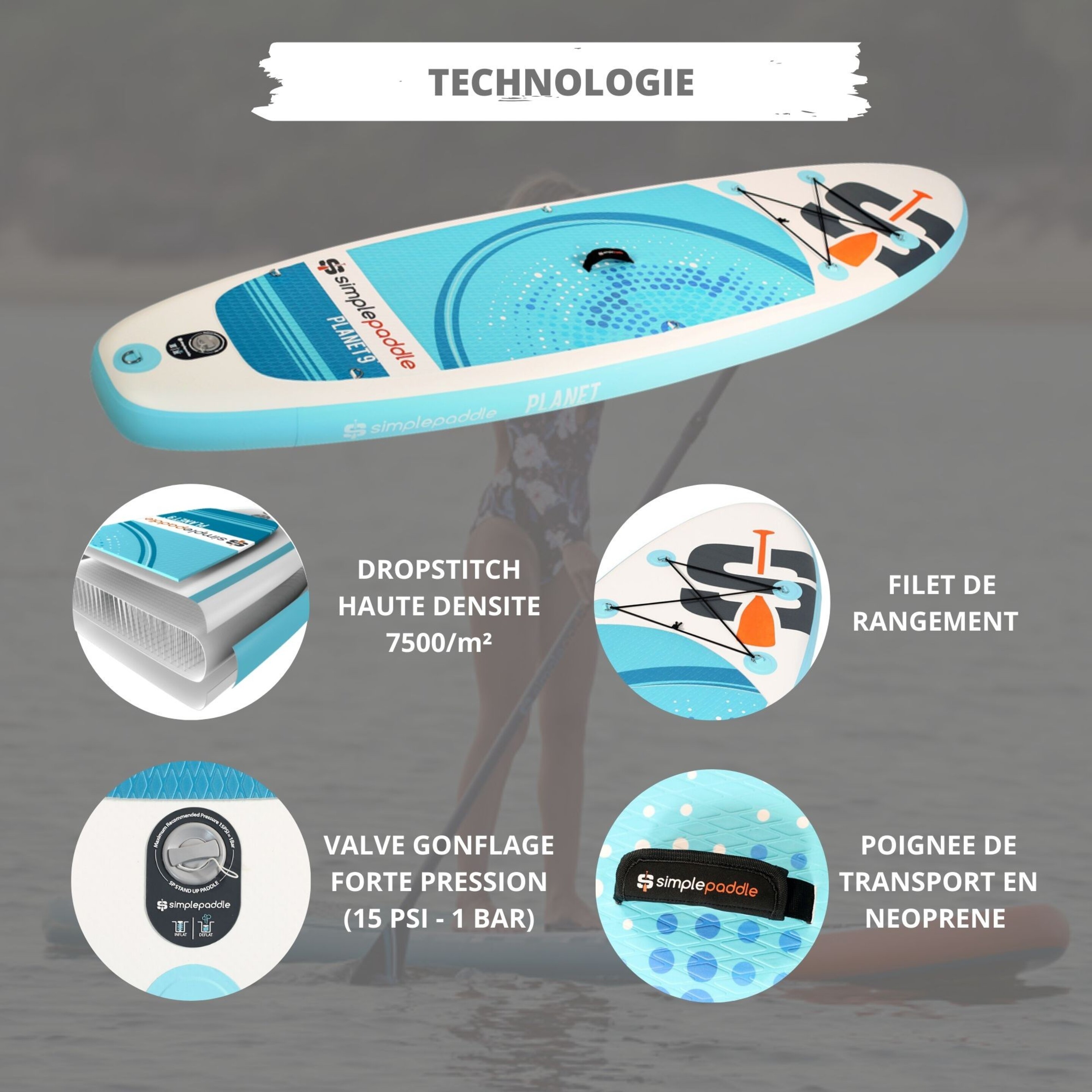 Paddle Hinchable 9'0 - Planet - Con Remo, Leash, Inflador, Mochila De Transporte