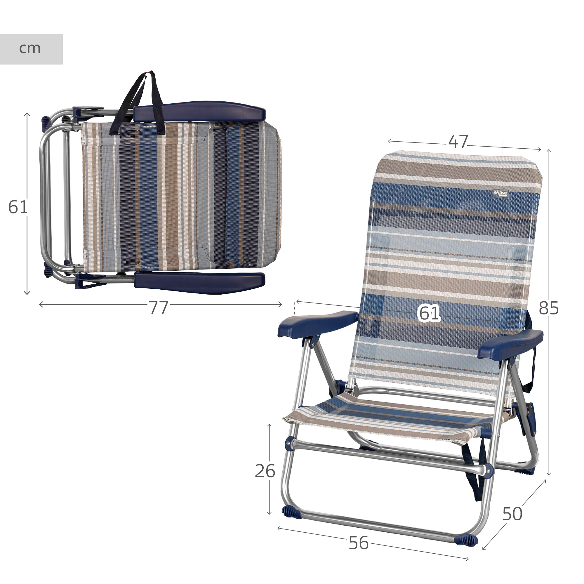 Cadeira De Praia Baixa Dobrável De 5 Posições Com Listras Azuis E Cinza Aktive