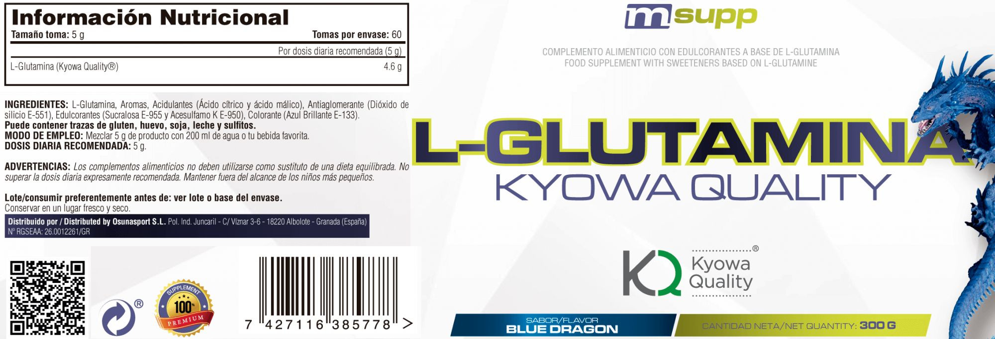 Glutamina Kyowa - 300g De Mm Supplements Sabor Blue Dragon  MKP