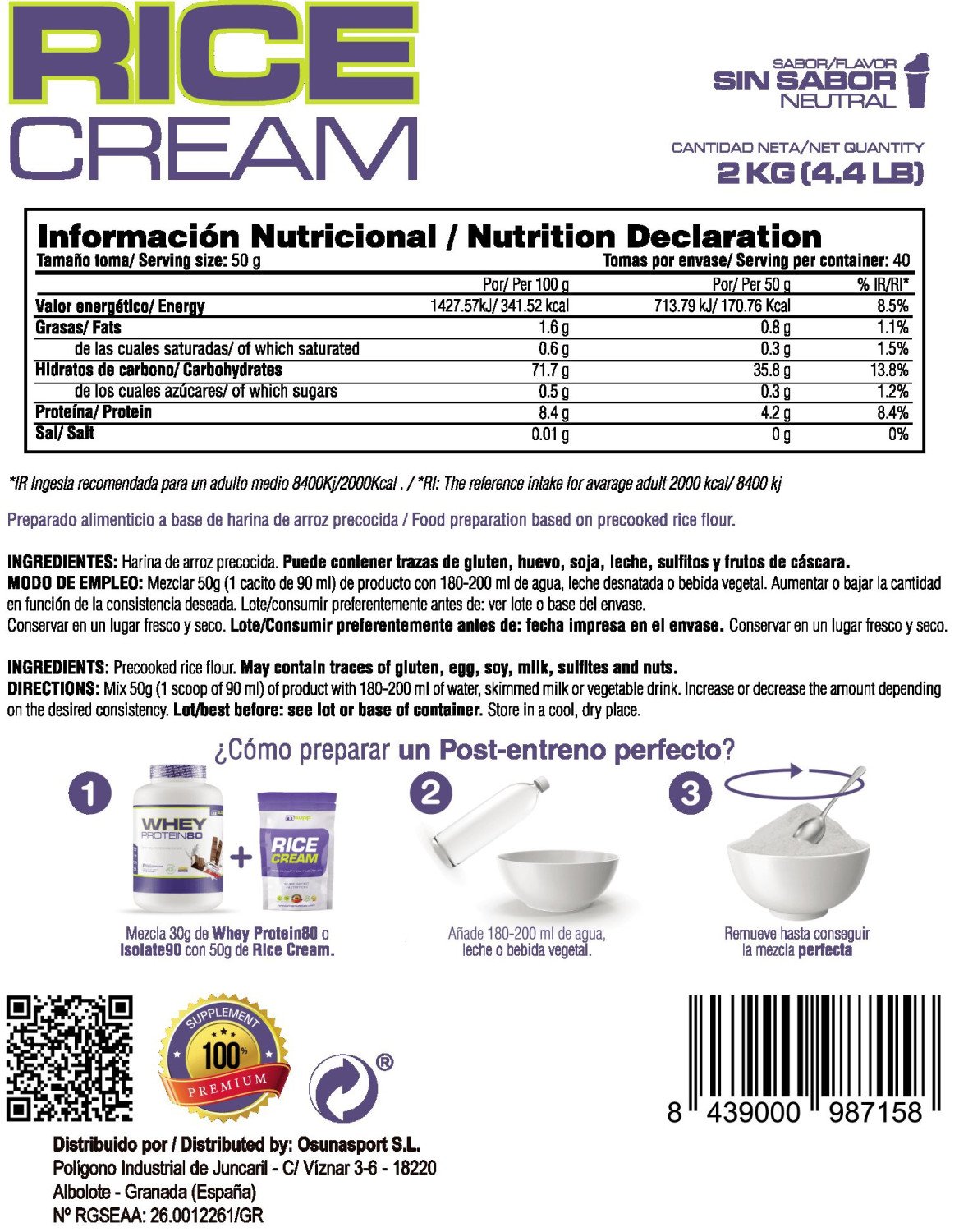 Rice Cream (crema De Arroz Precocida) - 2kg De Mm Supplements Sabor Neutro