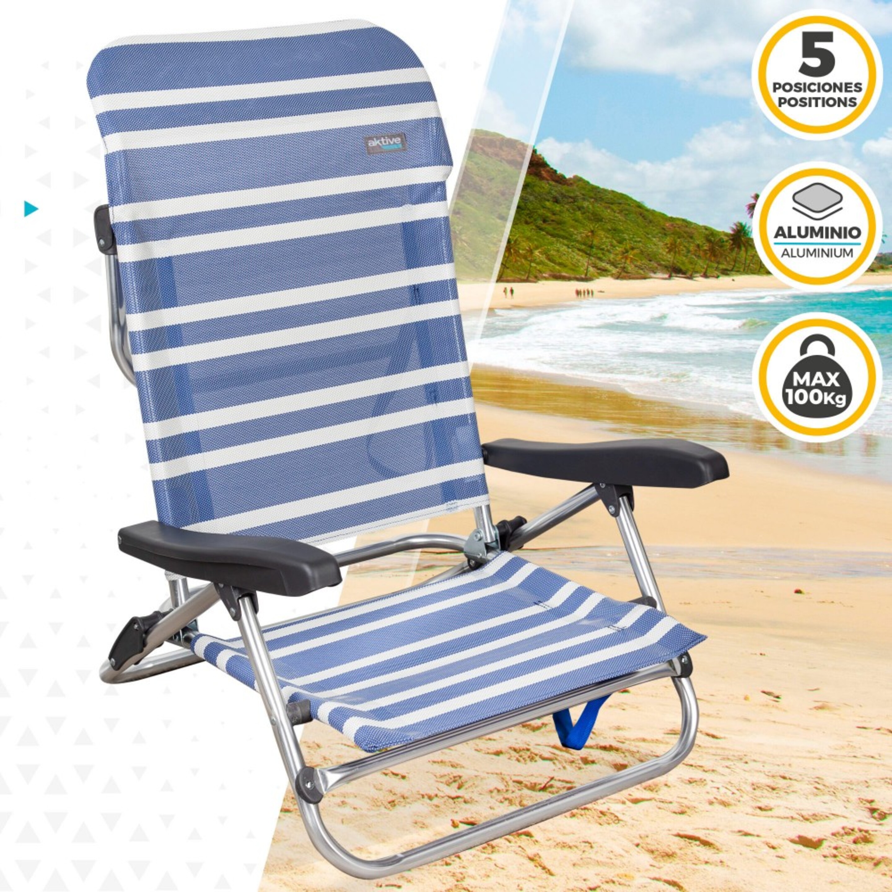 Cadeira De Praia Dobrável Baixa Alumínio 5 Posições Aktive Beach