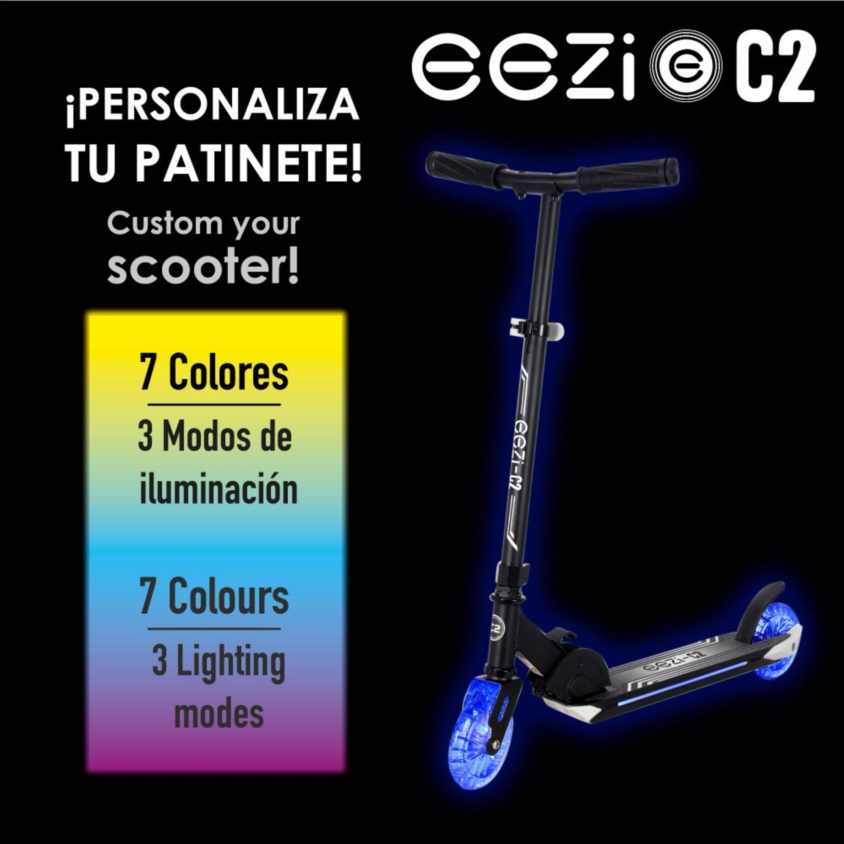 Patinete 2 Ruedas Plegable Con Luces Personalizables Eezi - Negro/Azul  MKP