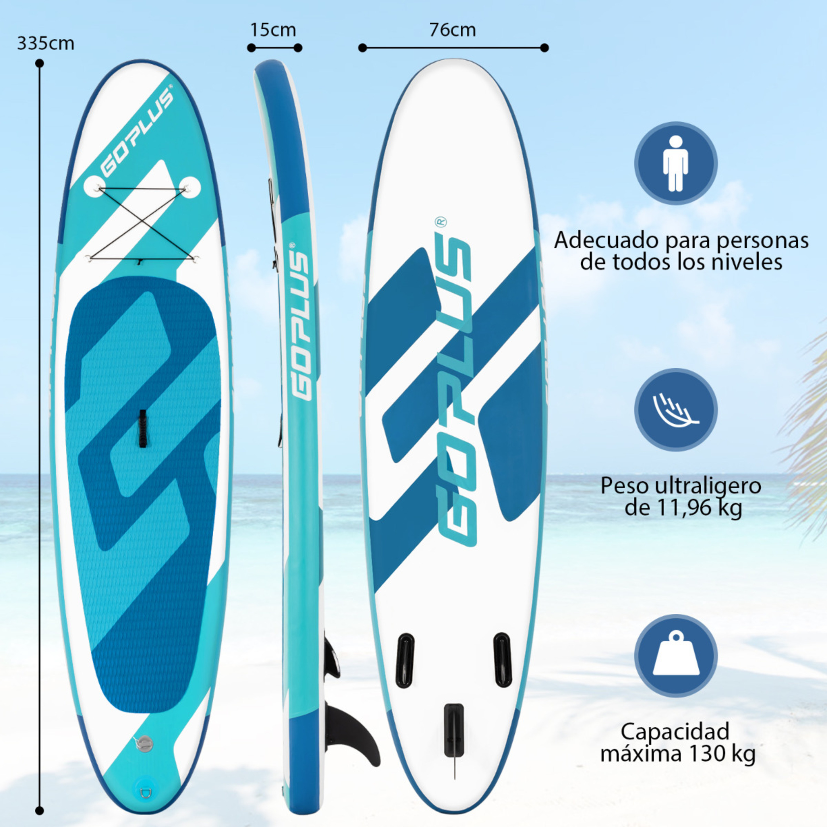 Costway Tabla De Paddle Inflable 335 Cm Flotante Antideslizante - Azul/Blanco - Tabla De Surf  MKP