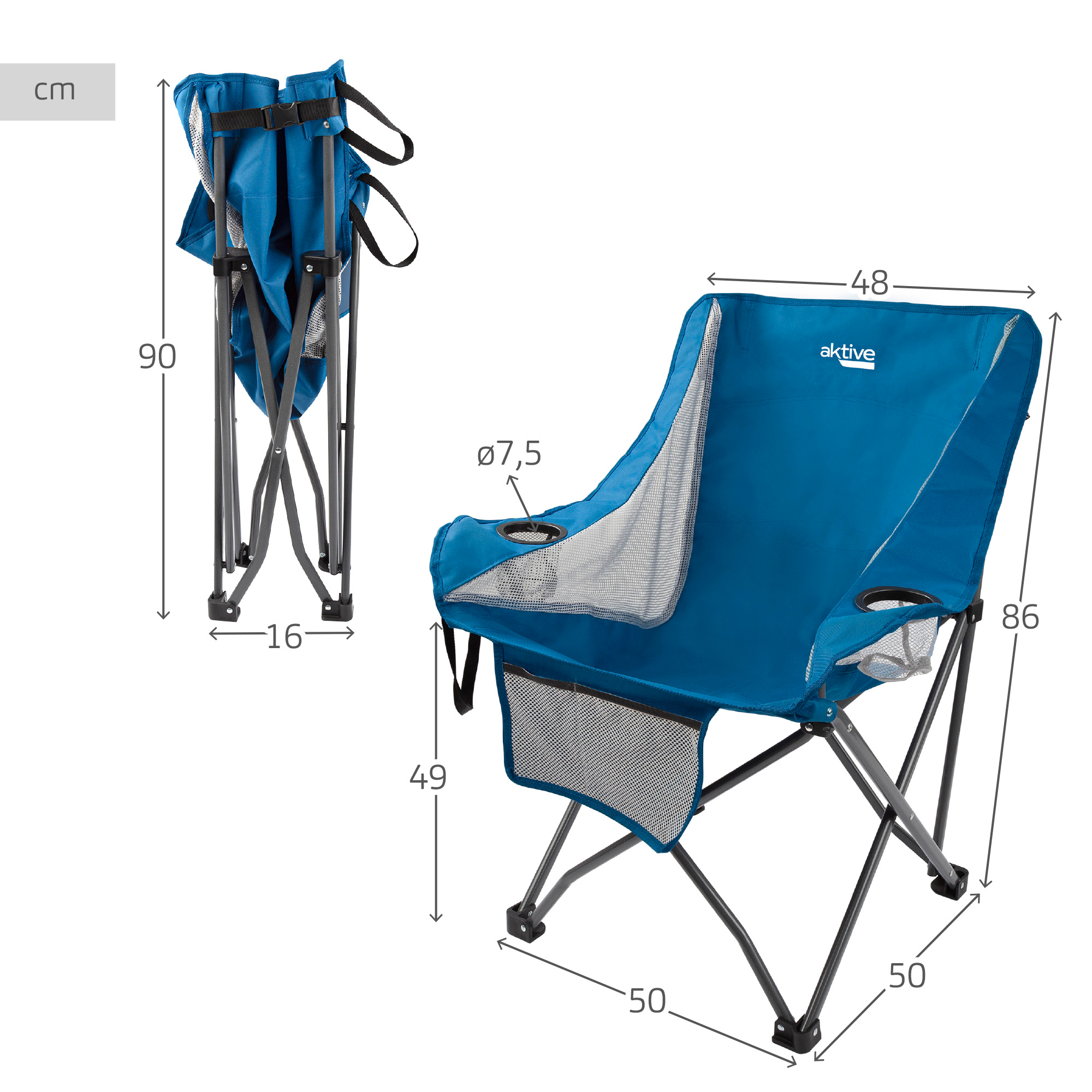Cadeira De Campismo Dobrável Anti-queda Azul Com Porta-copos E Bolso Aktive