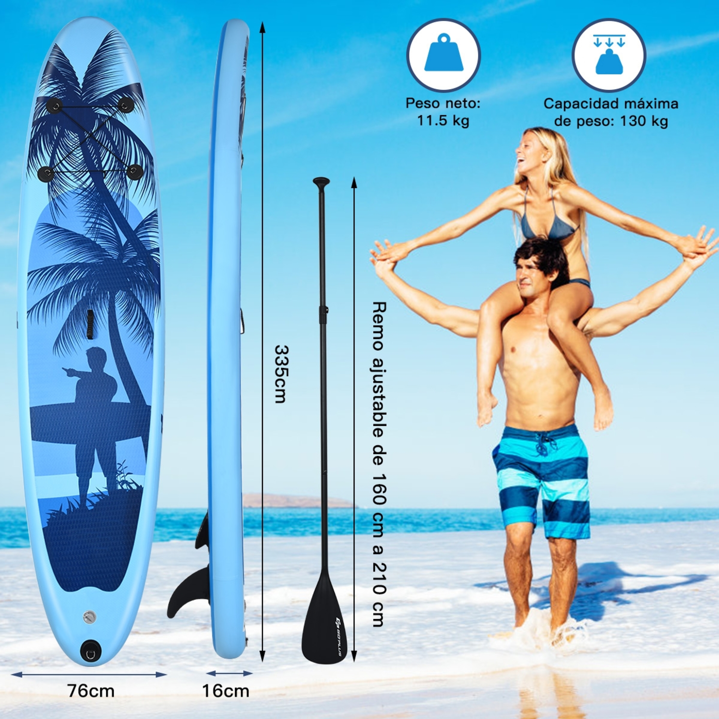 Tabla Hinchable Costway Pvc Paddle Surf Sup 335 X 76 X 16 Cm - Azul - Tabla De Surf  MKP